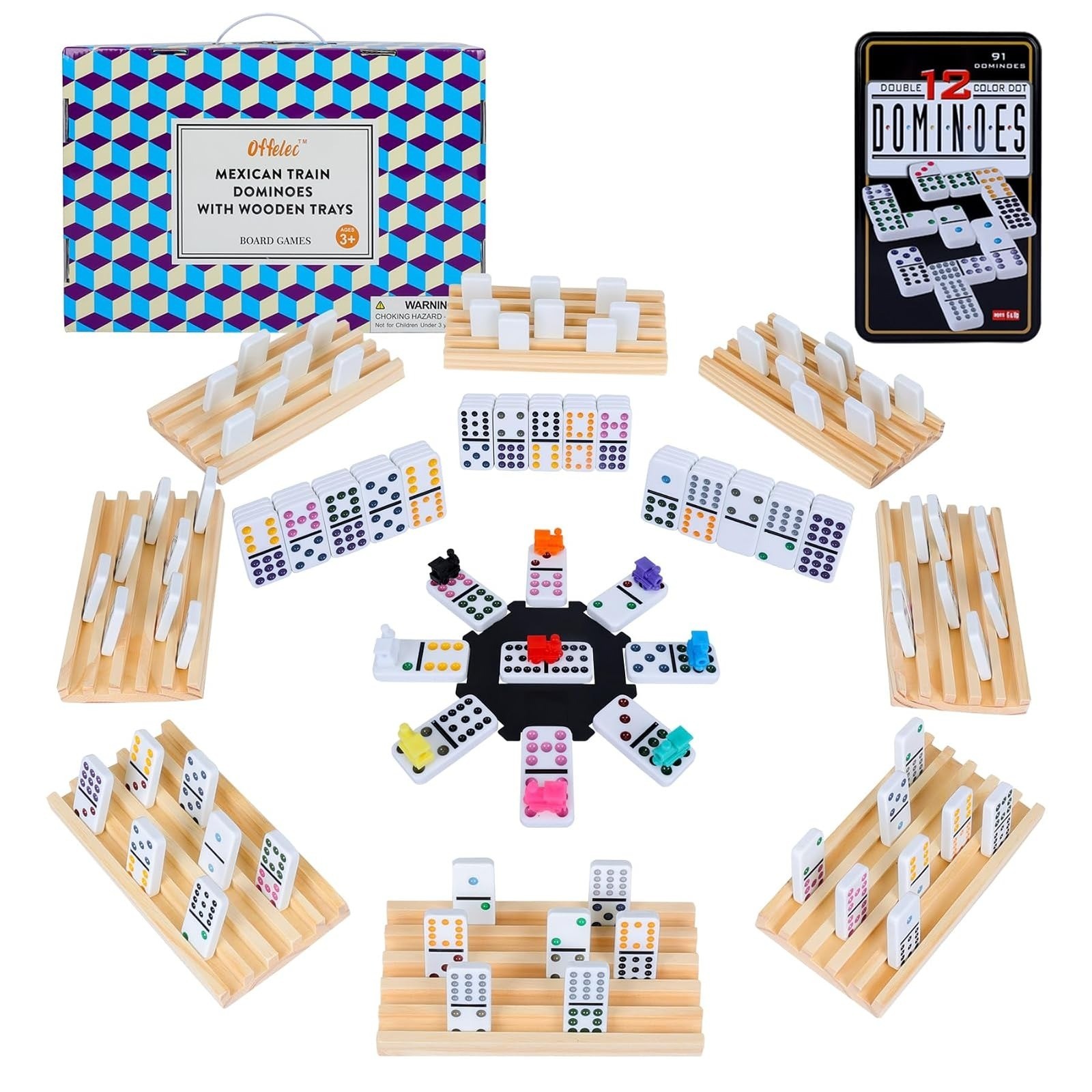 Mexican Train Dominoes Set with 8 Holders, Double 12 Dominos Set for Adults, Mex