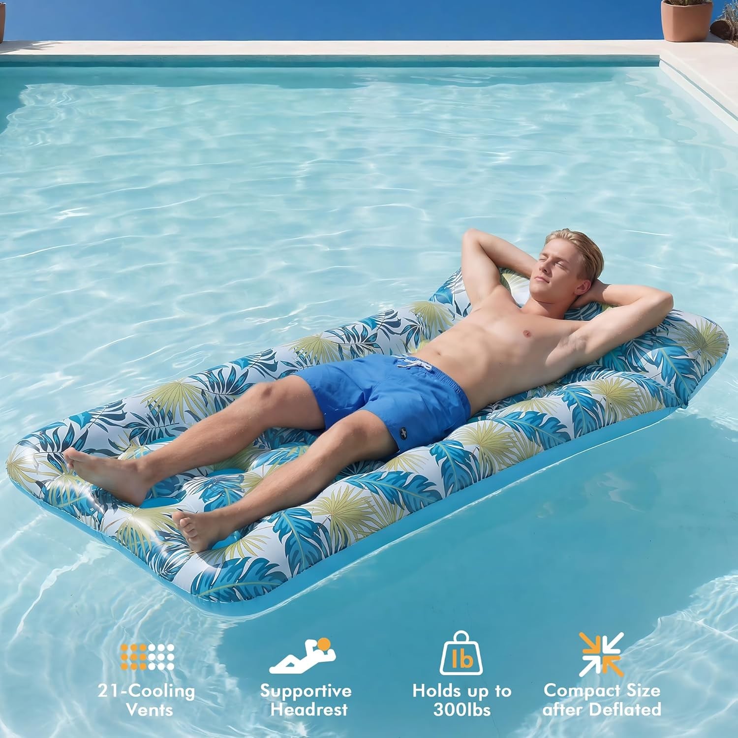 4 Pack Inflatable Pool Float Mat, Giant Pool Floats Adult Size with Headrest