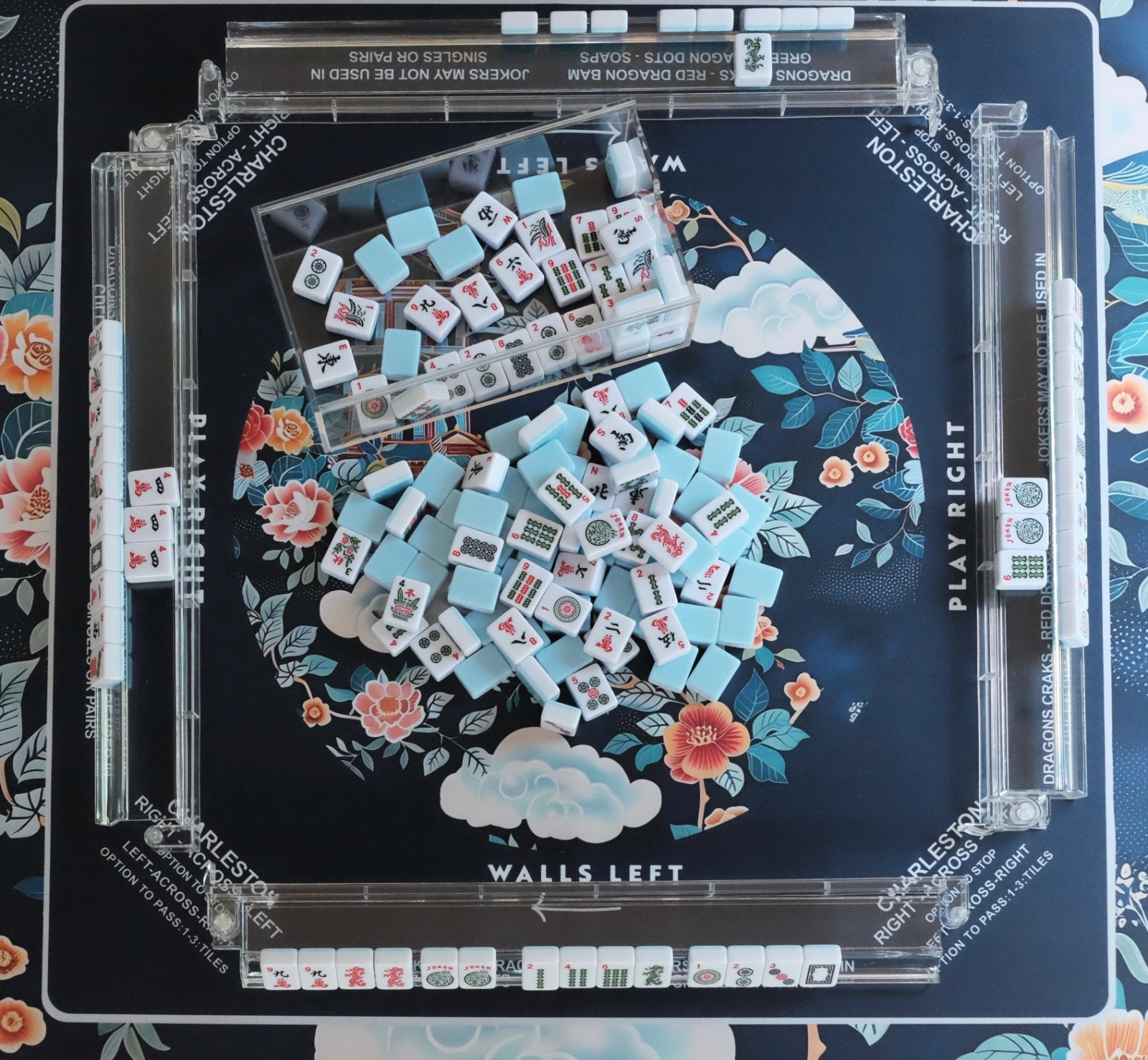 NEW! Mahjong 4 pc Starter Bundle- Tiles, Acrylic Box, Pagoda Mat & Acrylic Racks