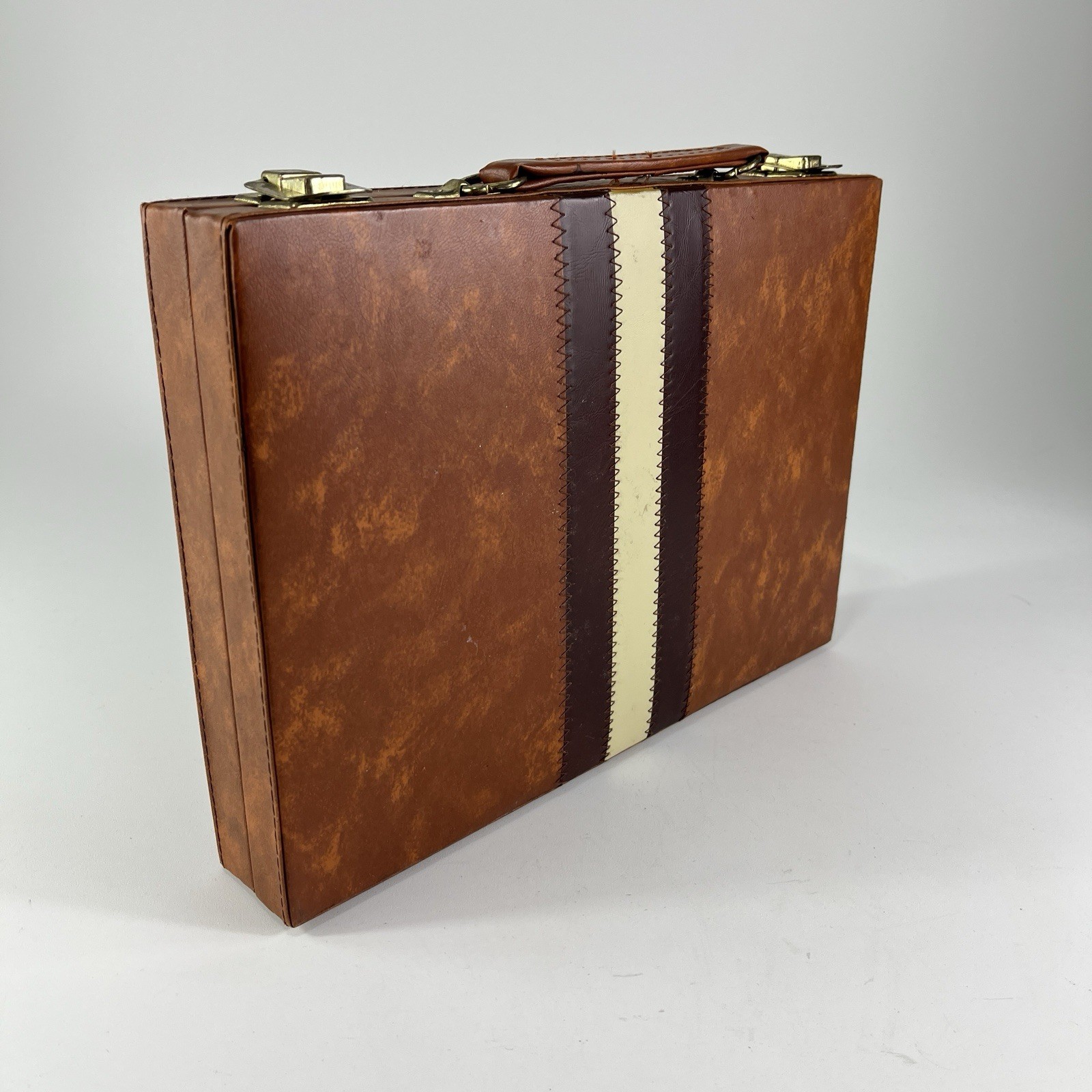 Backgammon Travel Case Game Complete Brown & White Faux Leather Vintage