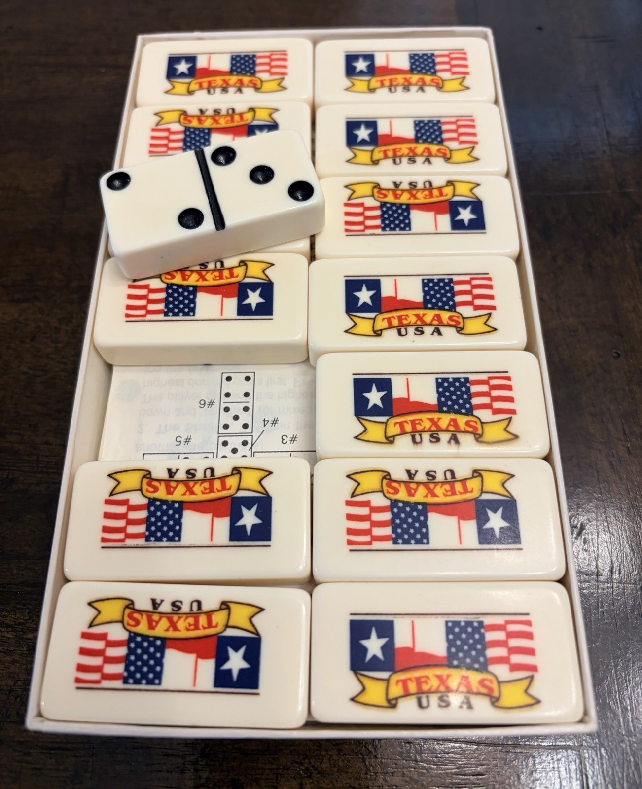 Vtg RARE Puremco Professional Extra Thick Marblelike Dominoes Texas & USA Flag