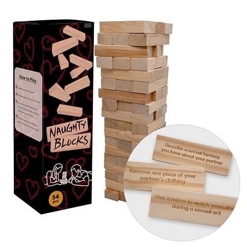 Flirty Adult Couple’s Game – 54 Intimate Challenges, Wooden Stacking Tower for D