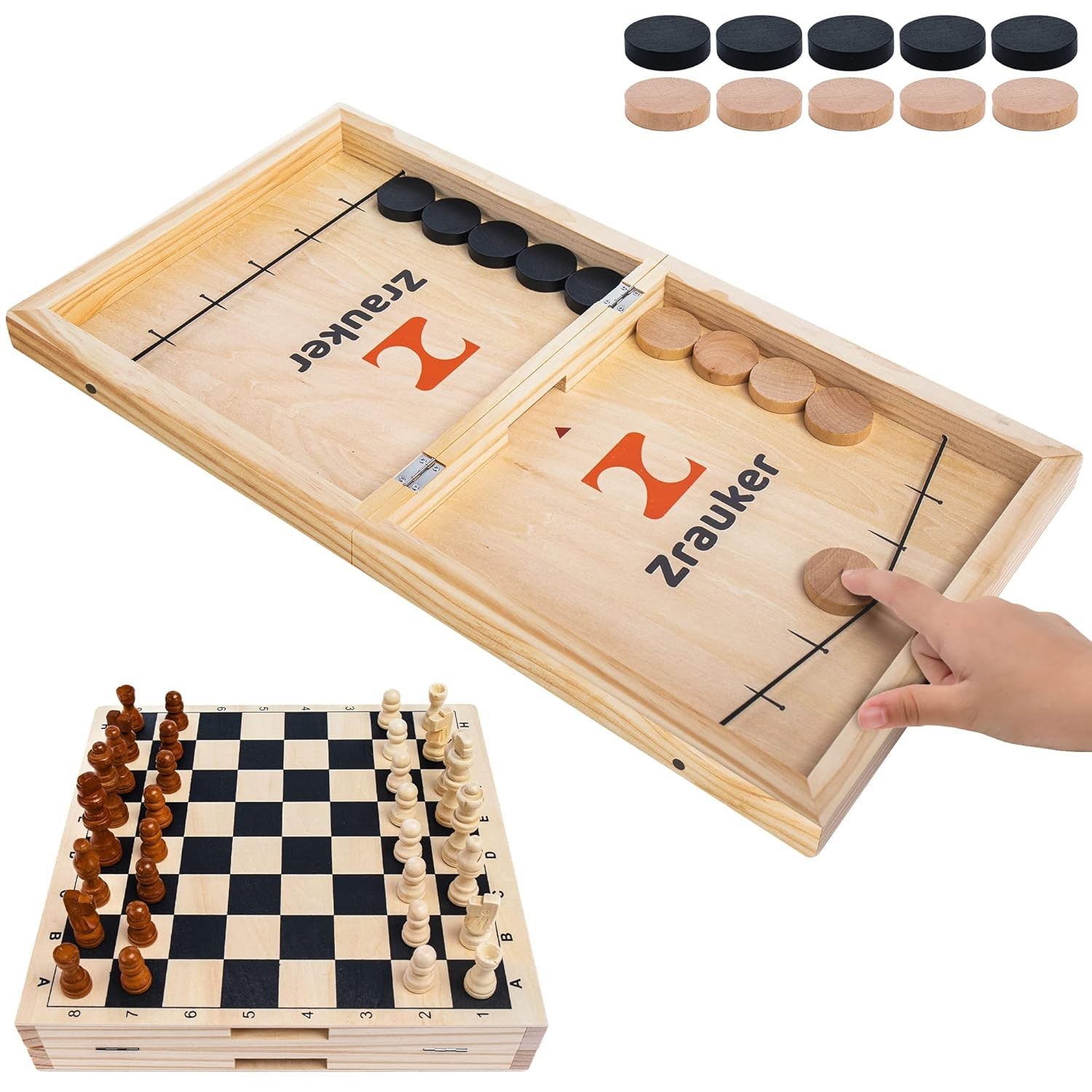 Foldable Wooden Fast Sling Puck & Chess Game. New game with light damage to box