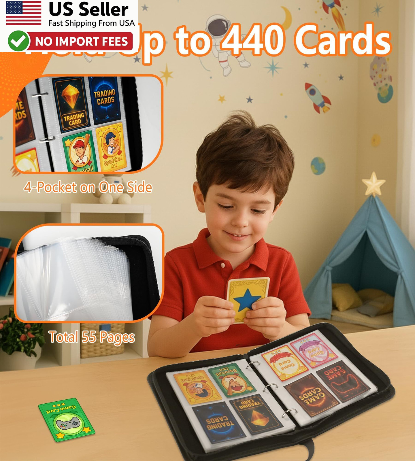 Trading Card Binder 4 Pocket 440 Cards Album Folder Zipper Organizer FROM USA