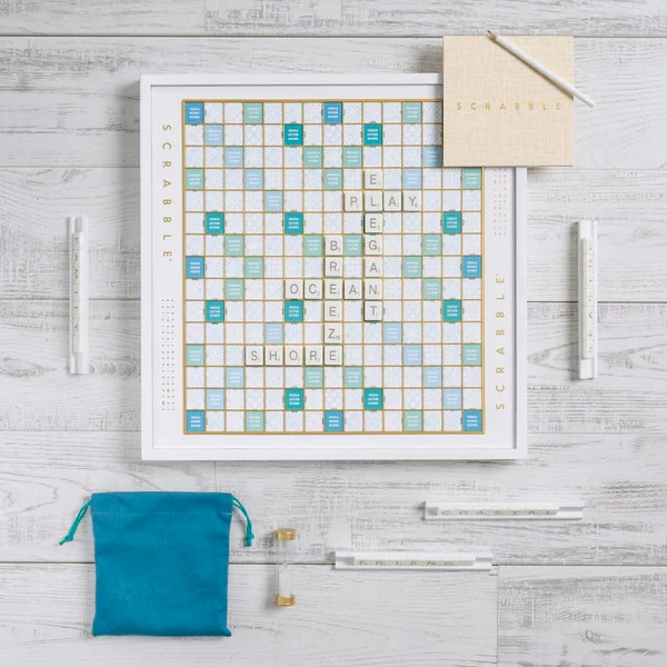 WS Game Company Scrabble Bianco Edition with Rotating Wooden Game Board New