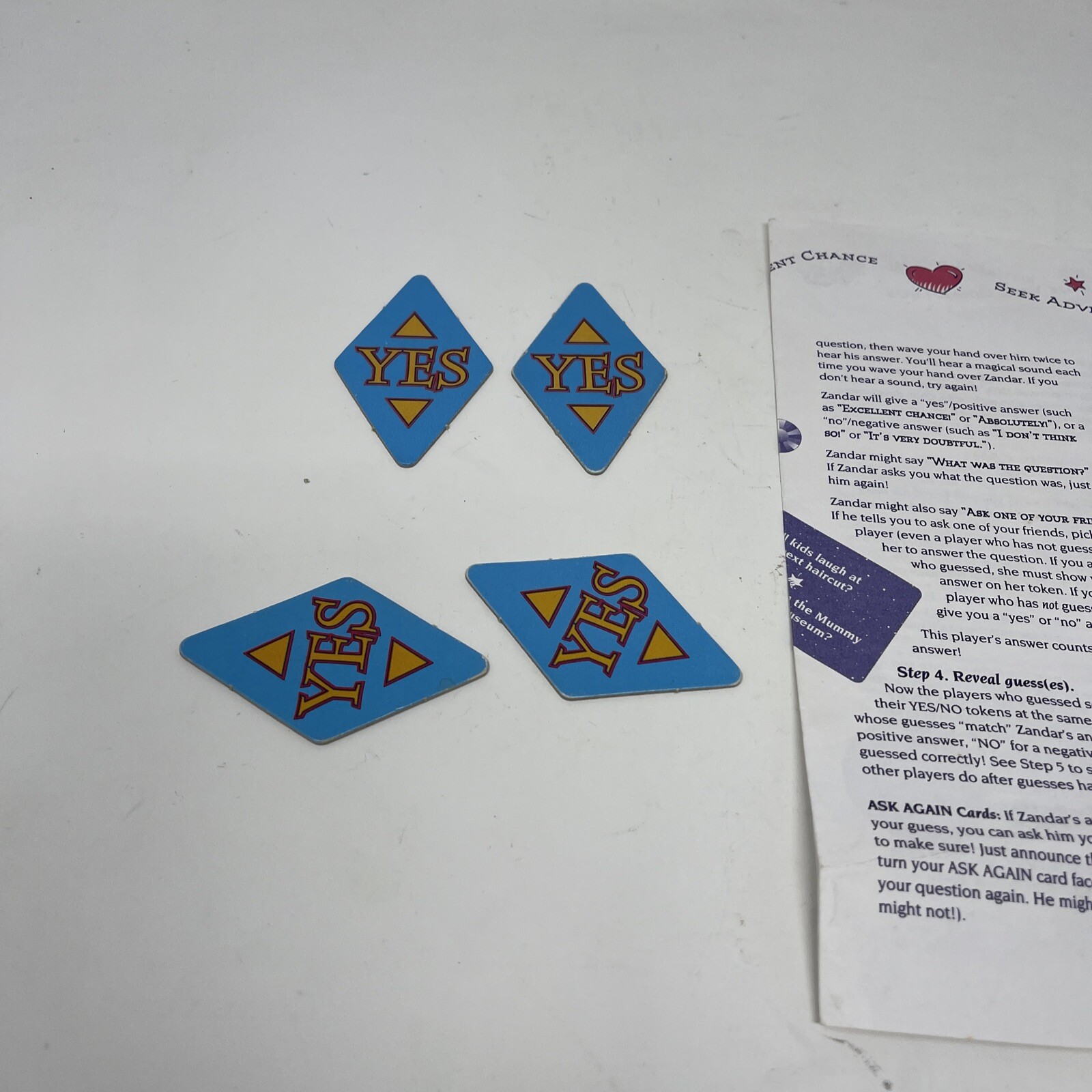 Vintage 1992 Ask Zandar Board Game Replacement Instructions, Yes/No Tokens Only