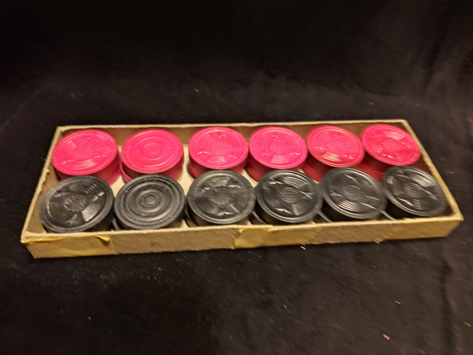 Vintage Halsam Checkers with Original Box Magenta Black 1940s
