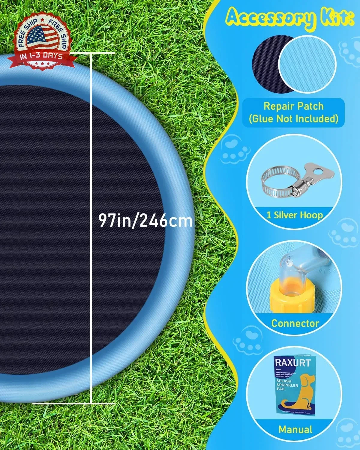 Raxurt Splash Pad, 97in Anti-Slip Splash Pad for Kids Dogs Thickened Durable Bat