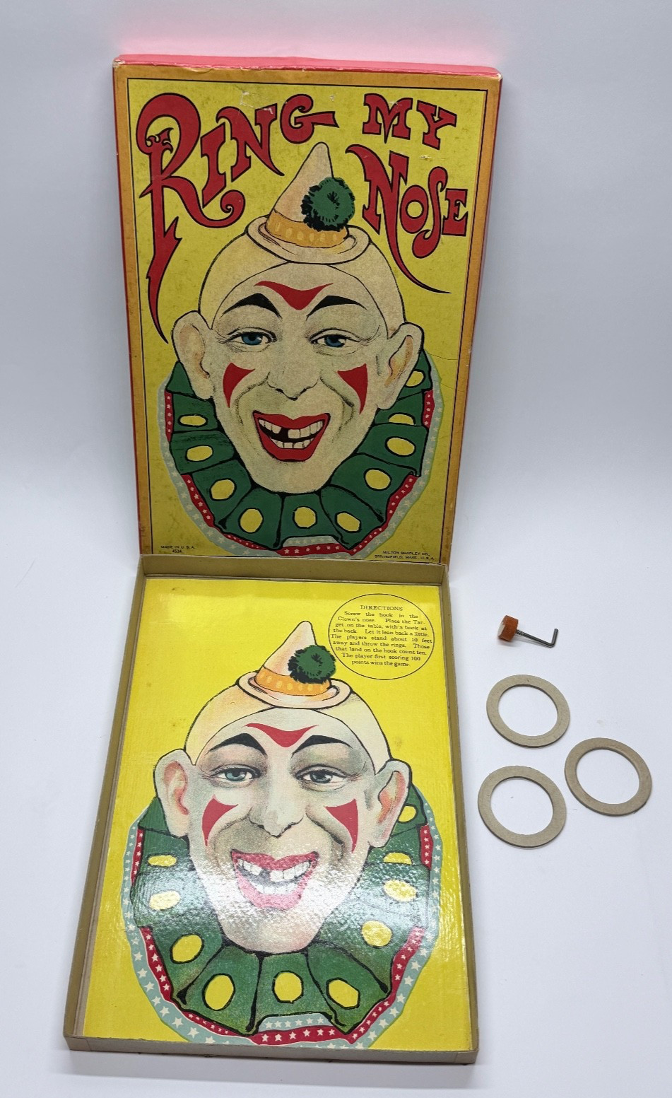 Antique Milton Bradley Ring My Nose Clown Ring Toss Game Comp W/Rings& Direction