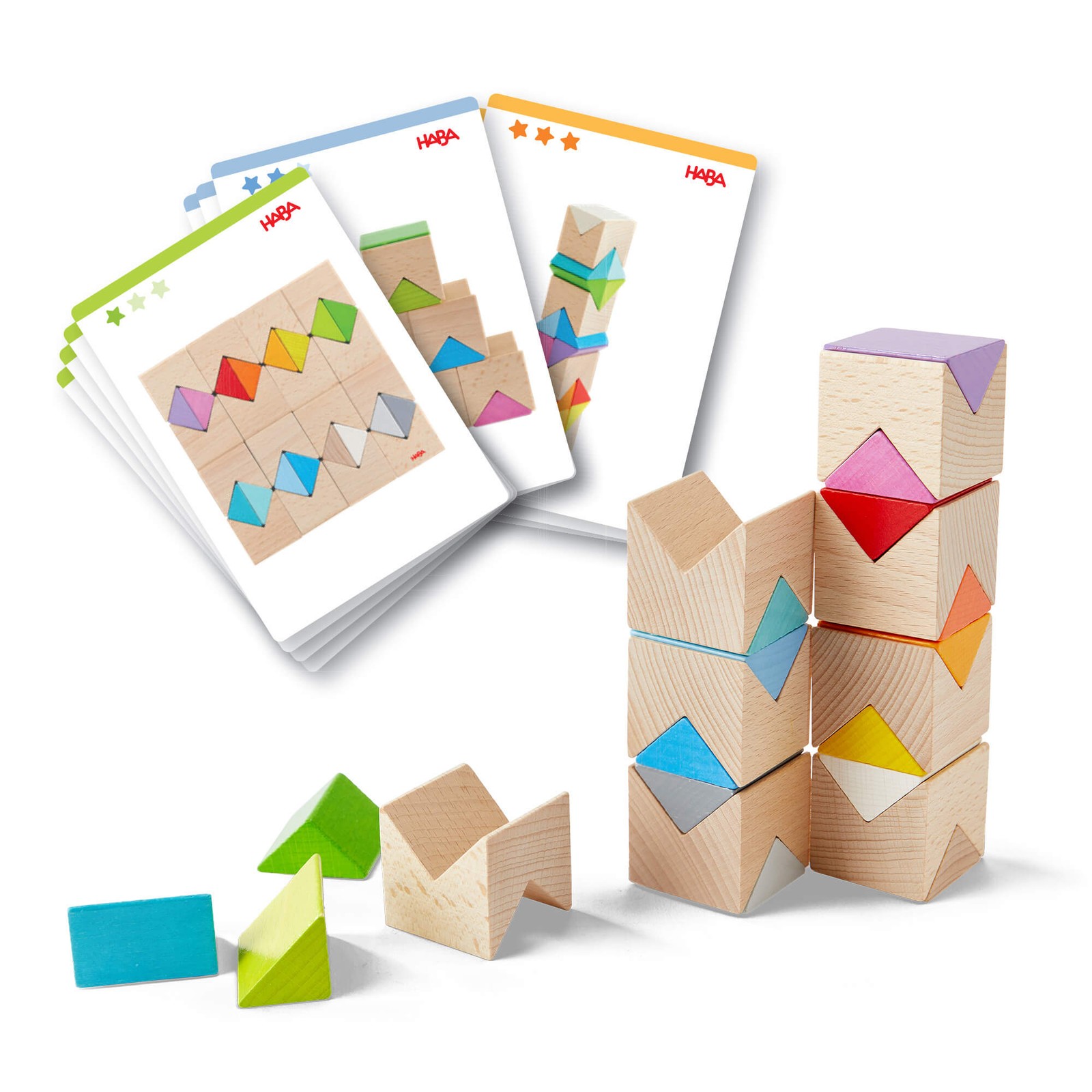 HABA Rainbow Triangle Wooden Blocks Game, Stacking Toys with Pattern Cards