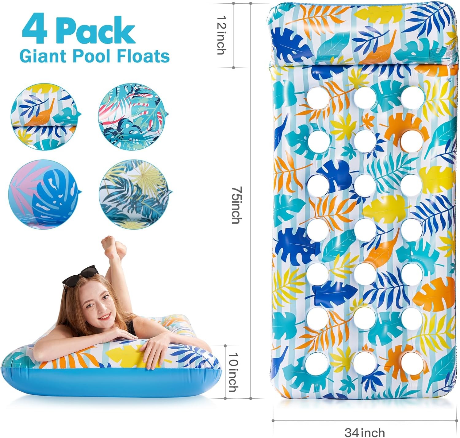 4 Pack Inflatable Pool Float Mat, Giant Pool Floats Adult Size with Headrest