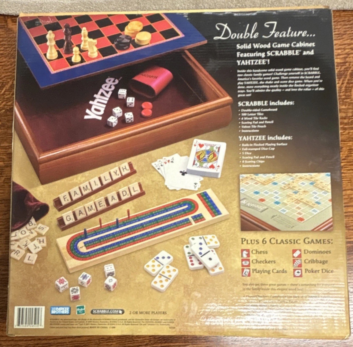Parker Brothers Hasbro Scrabble Yahtzee Plus 6 Classic Games Solid Wood Cabinet