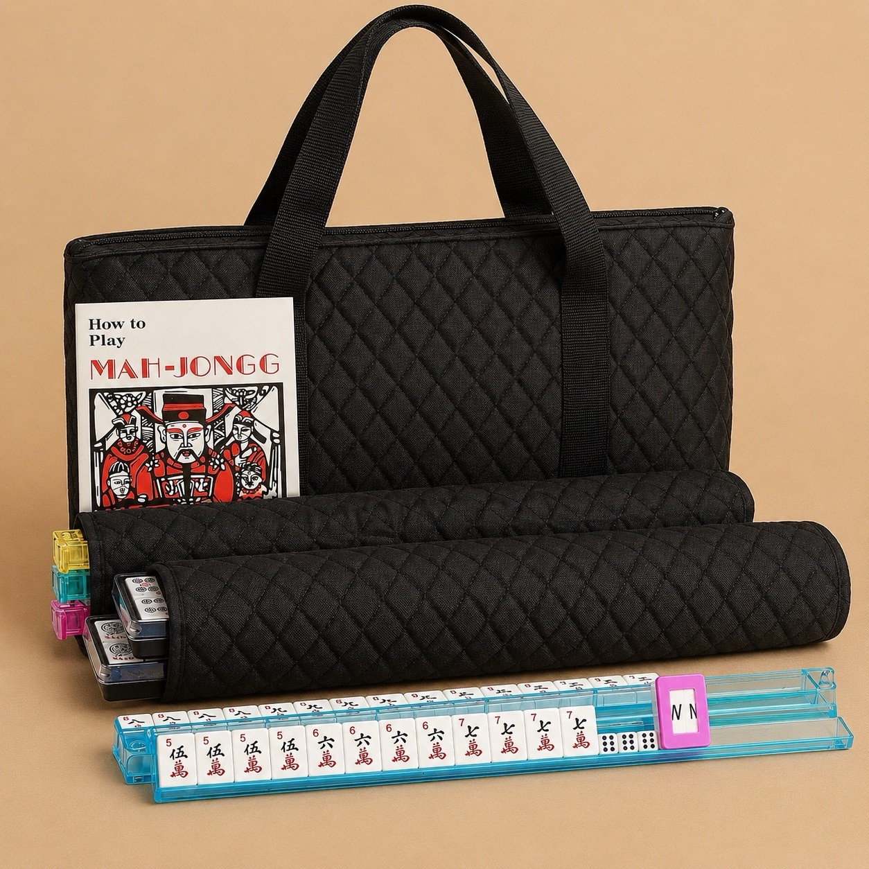 American Mahjong Set 166 Tiles Multicolor Racks Black Carry Case Complete Game