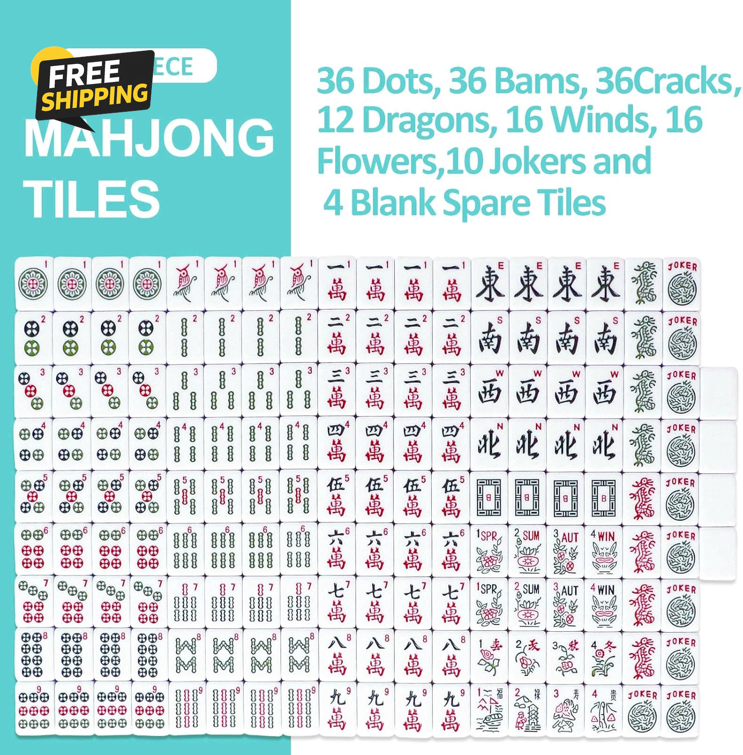 American Mahjong Game Set, 166 Light Green Tiles, Bag with Entire Accessories
