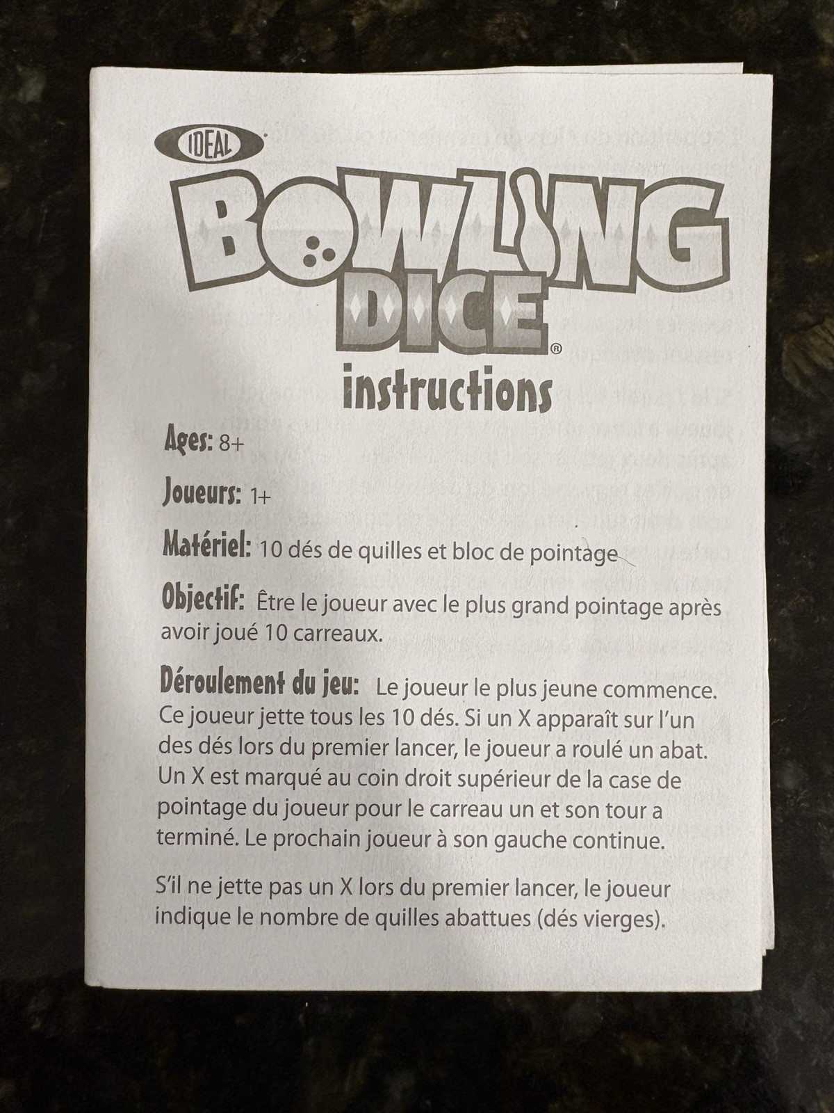 Ideal Bowling Dice Game 10 Dice & Score Pad Tin Container Complete Instructions