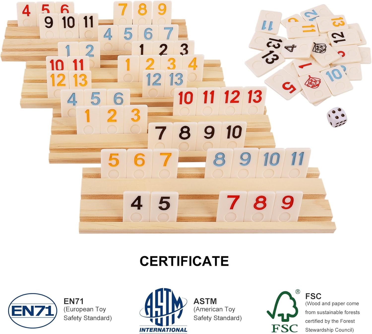 Upgraded Rummy Cube Game Set & 4 Wooden Racks, 106 Large Number Rummy Tiles and