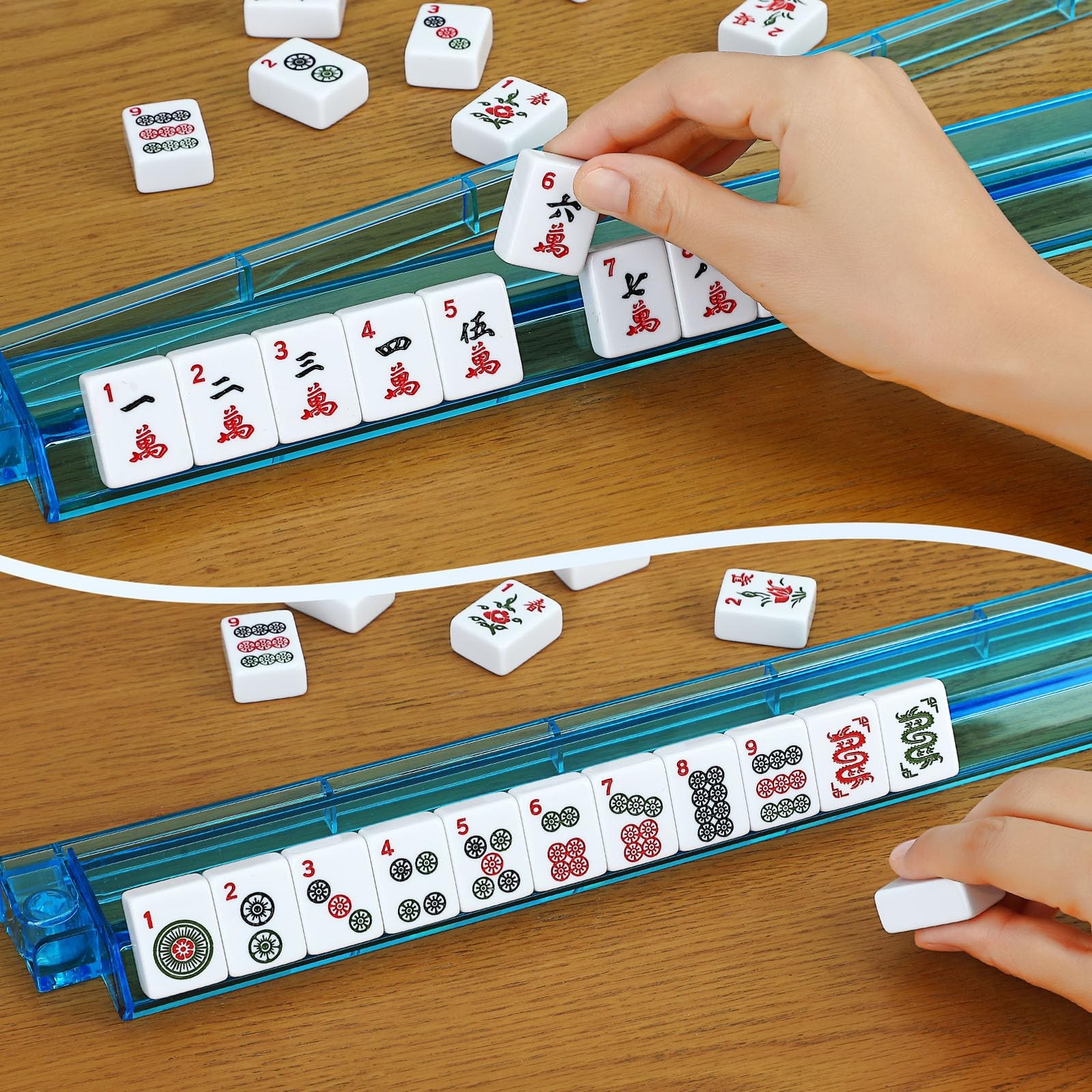 Mahjong Tile Set 166 Tiles 4 Colors Racks Travel Set with Blue Carrying Bag