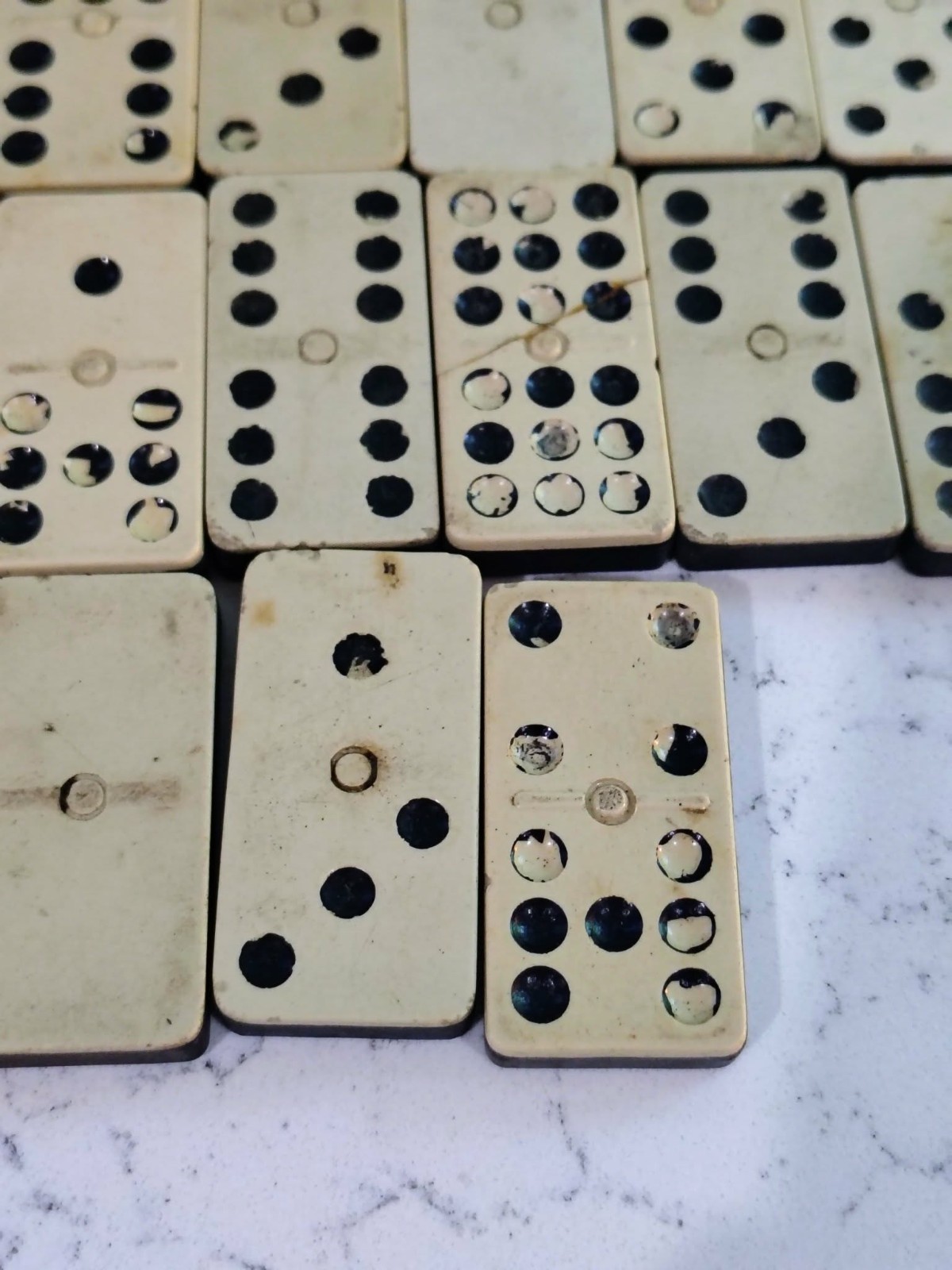 Antique Set of 55 Double Nine Dominoes – Slide-top Wood Case Complete