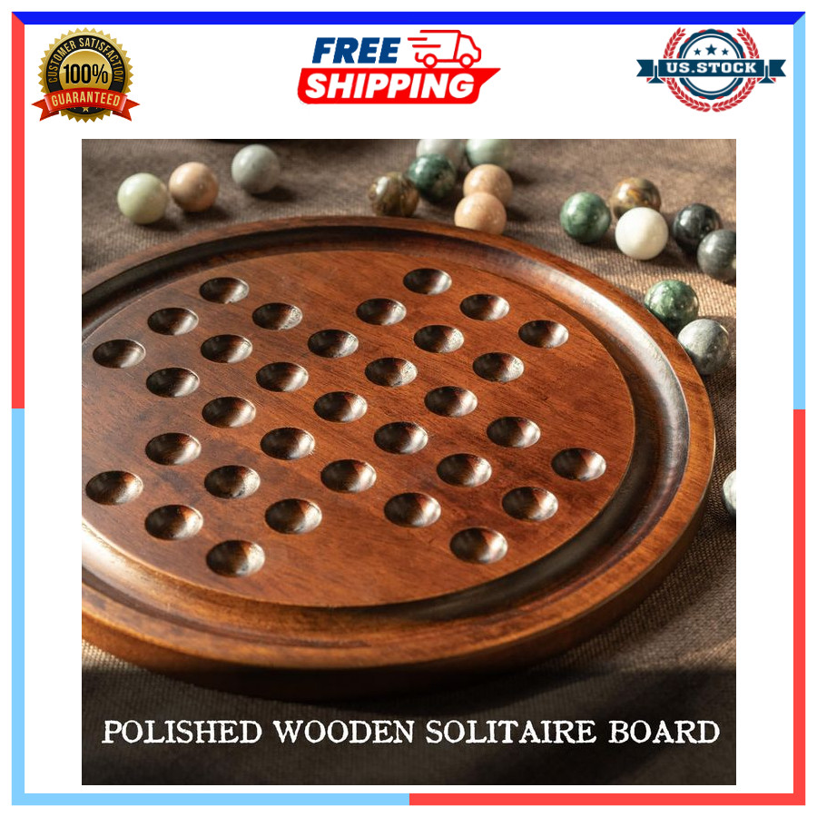 12.6” Wooden Solitaire Board Game Single Player Strategy with Marble Balls Set