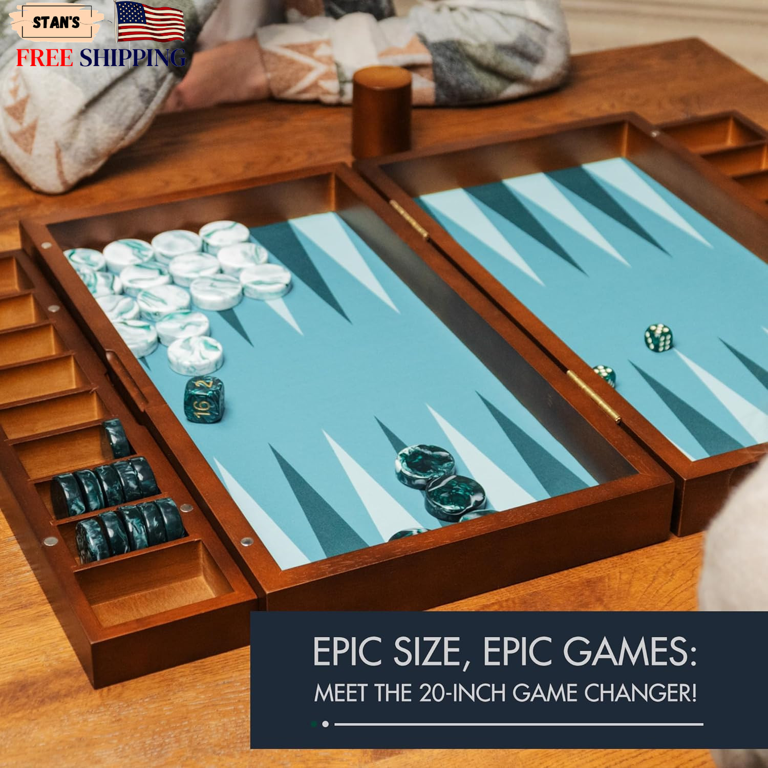 Large Backgammon Sets for Adults, Green Backgammon Board, Solid Wood 20 Inch NEW