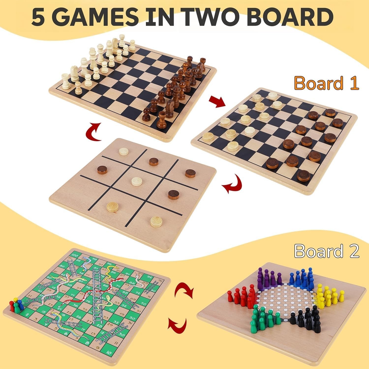 5-in-1 Wooden Board Game with 2 Reversible Boards for Chess, Checkers, Chines…