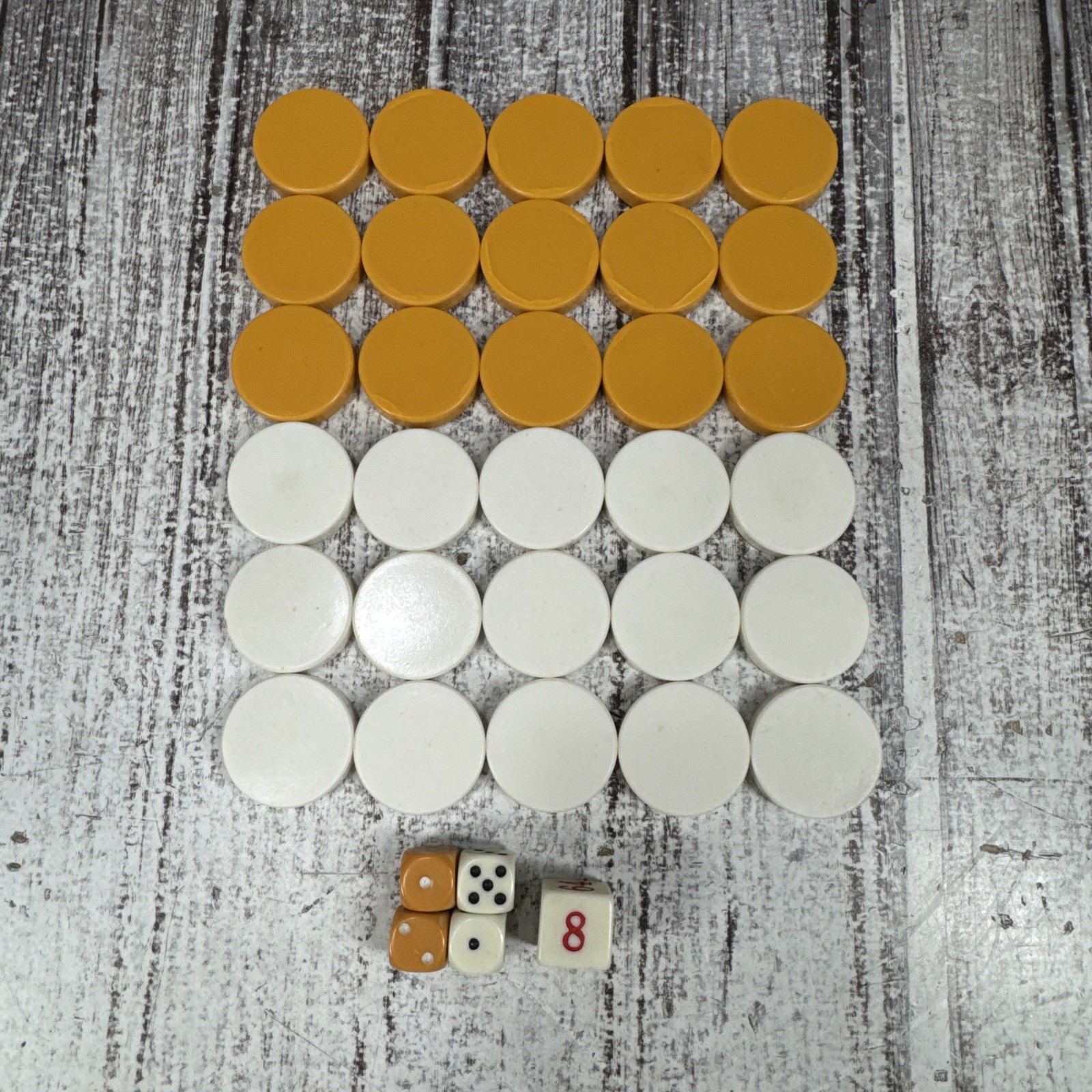 Butterscotch and Cream Backgammon Pieces Plus Cube and Dice 1 1/4″