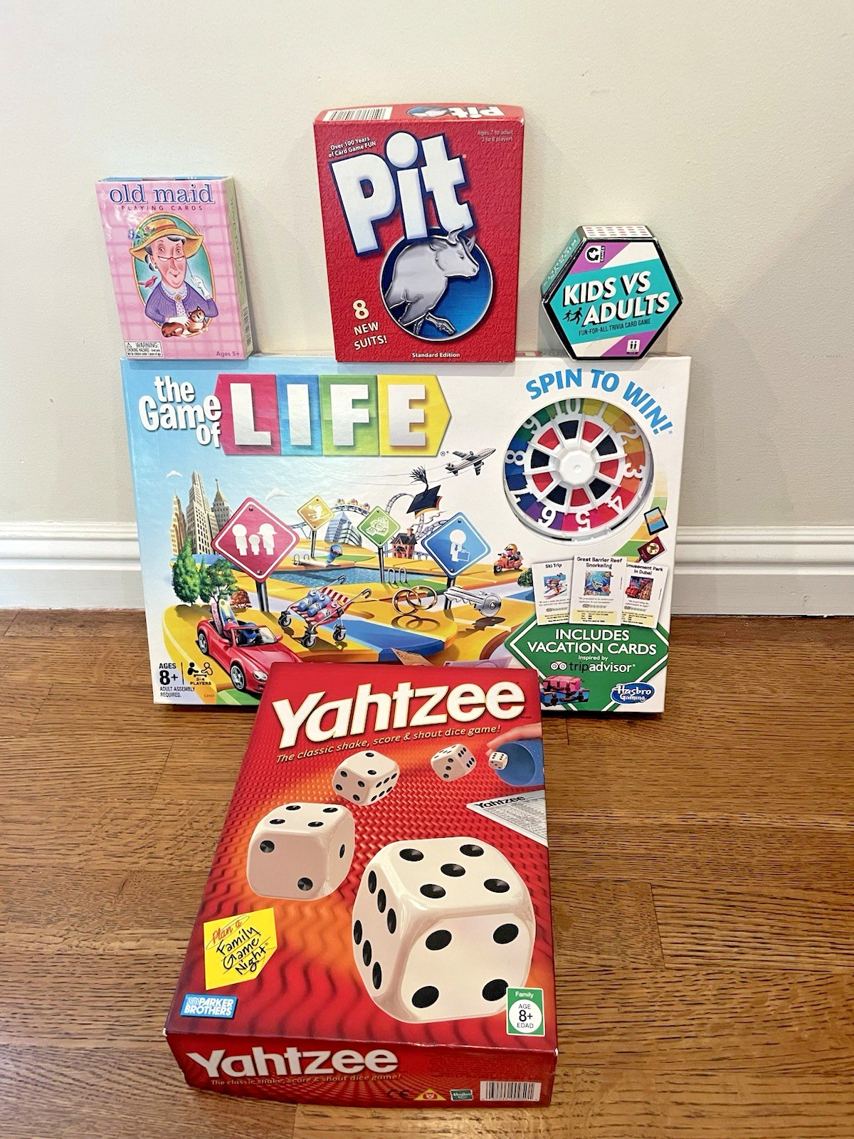 Family Board & Card Game Lot of 5 – Life, Yahtzee, Pit, Old Maid, Kids vs Adults