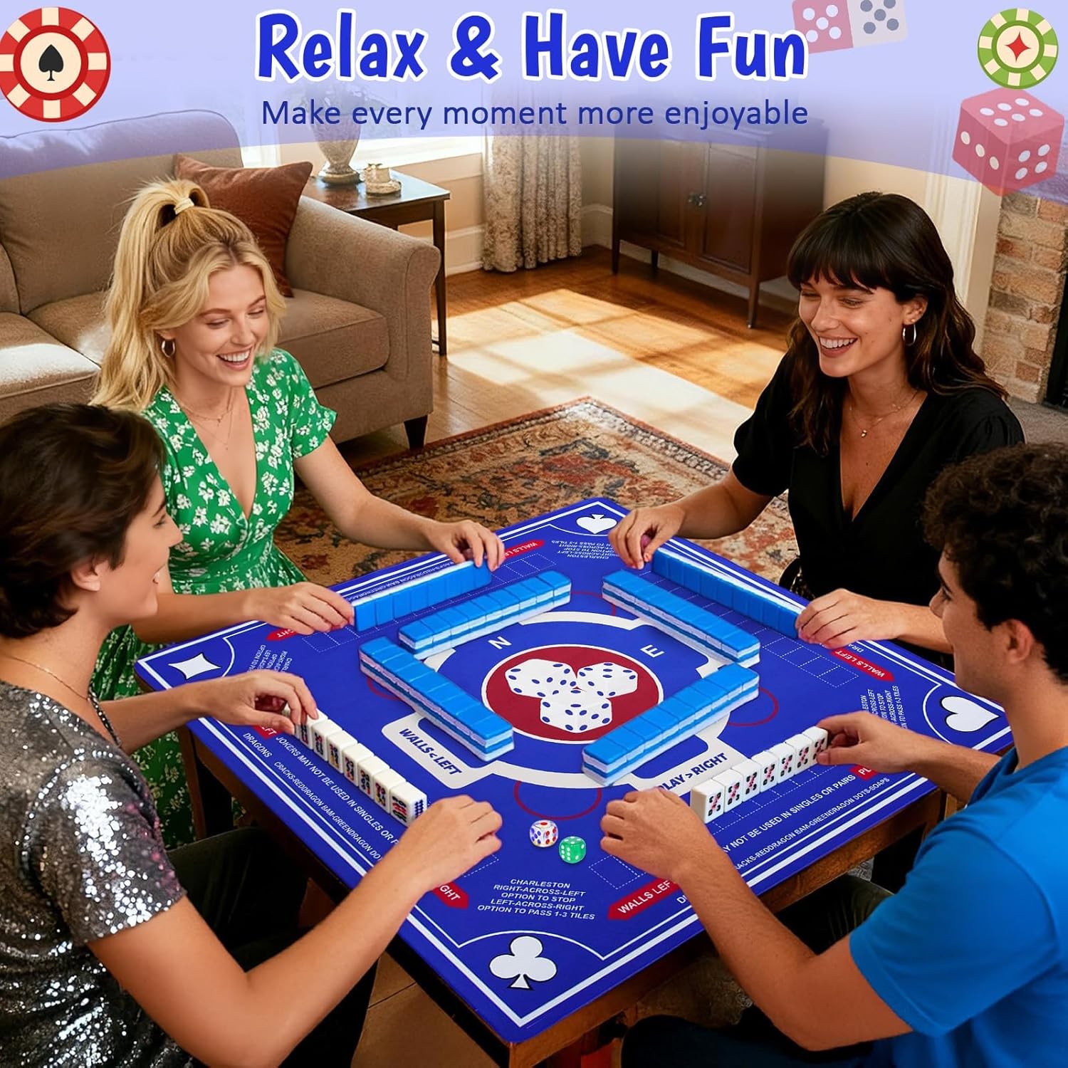 American Mahjong Mat 31.5×31.5 Inch Non-Slip Table Mahjong Game Mat with Rules