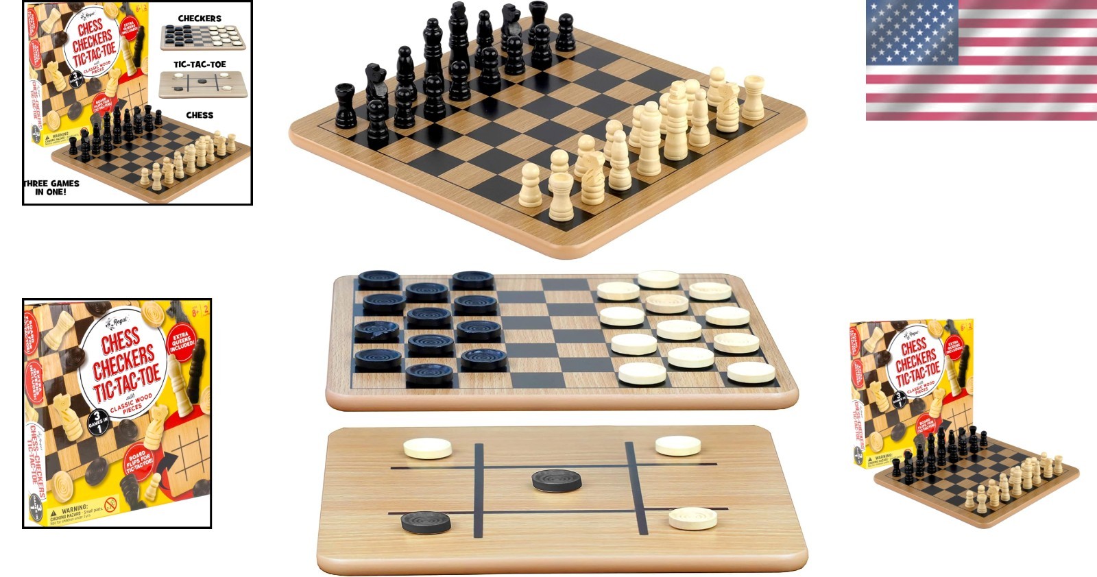 Durable Reversible Board Game Set – Chess, Checkers & Tic-Tac-Toe for Family Fun