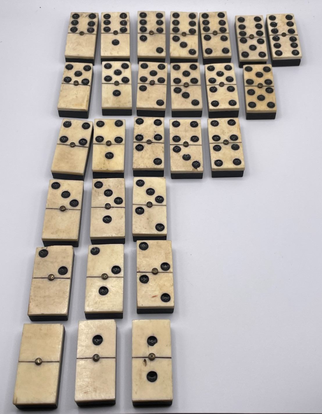 (27) Antique Handmade Bone and Ebony Dominoes Metal Rivet w/ Antique Metal Tin
