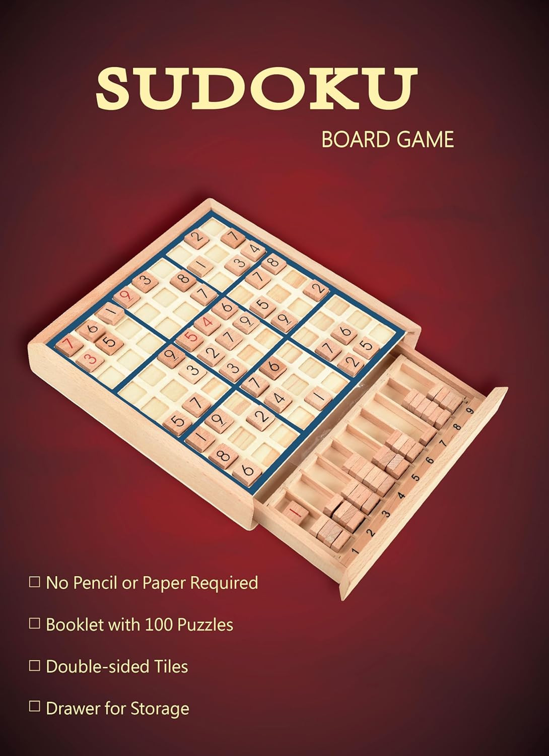 Wooden Sudoku Board Game with Drawer – with 100 Puzzles Sudoku Book for Adults –