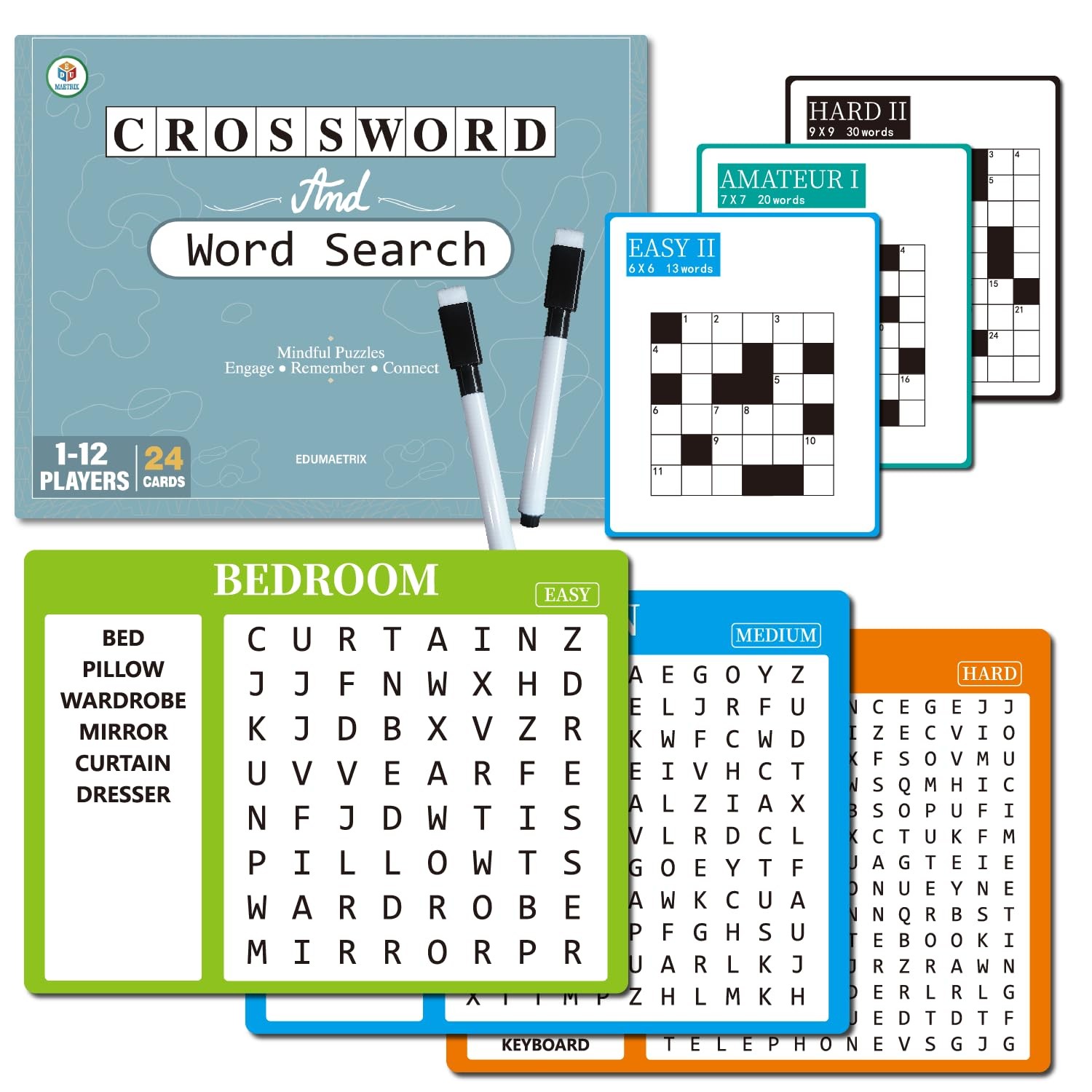 Edumaetrix 2-In-1 Mindful Puzzles Set 24 Crossword And 8 Word Search 1-12