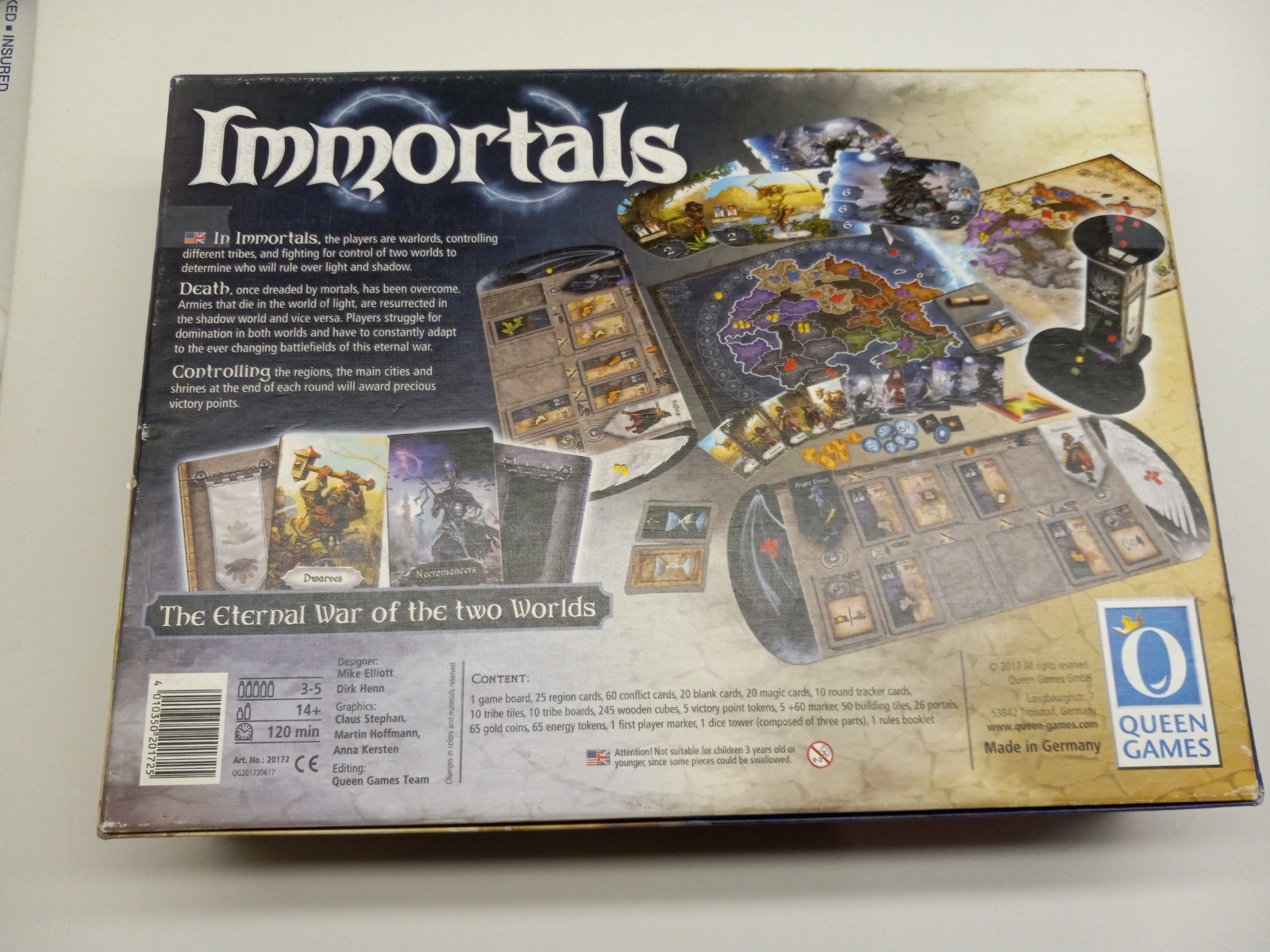 IMMORTALS Board Game Queen Games Almost Complete in Box Missing 1 Green Cube