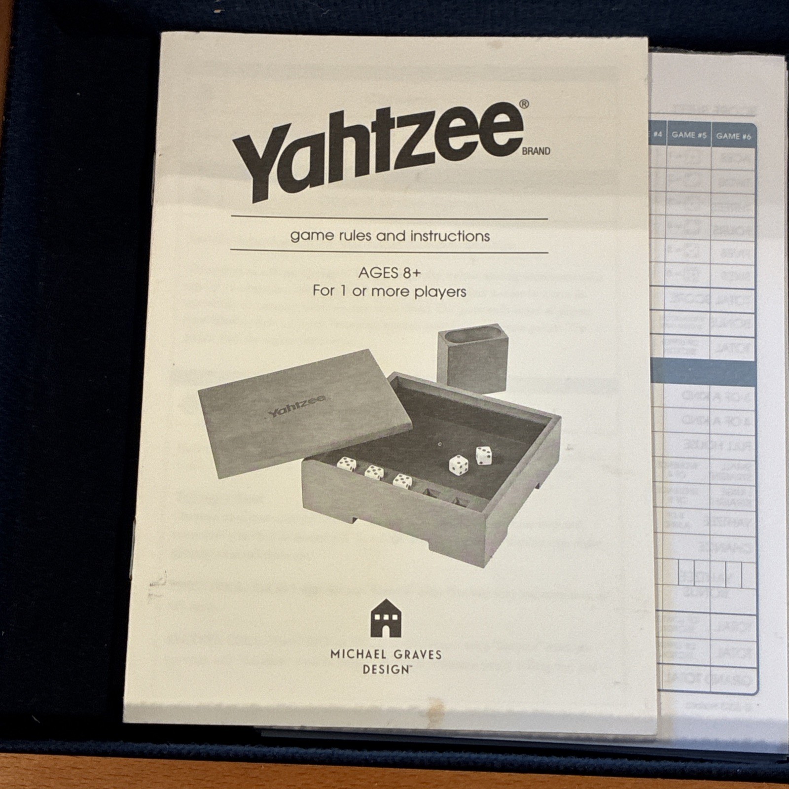 Michael Graves Design YAHTZEE Game Custom Wooden Box & Cup w/ Score Sheets