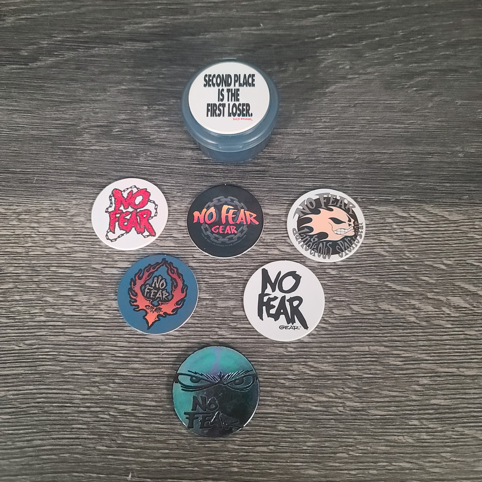 No Fear POGs Milk Cap 5 Pogs 1 Plastic Slammer And Container