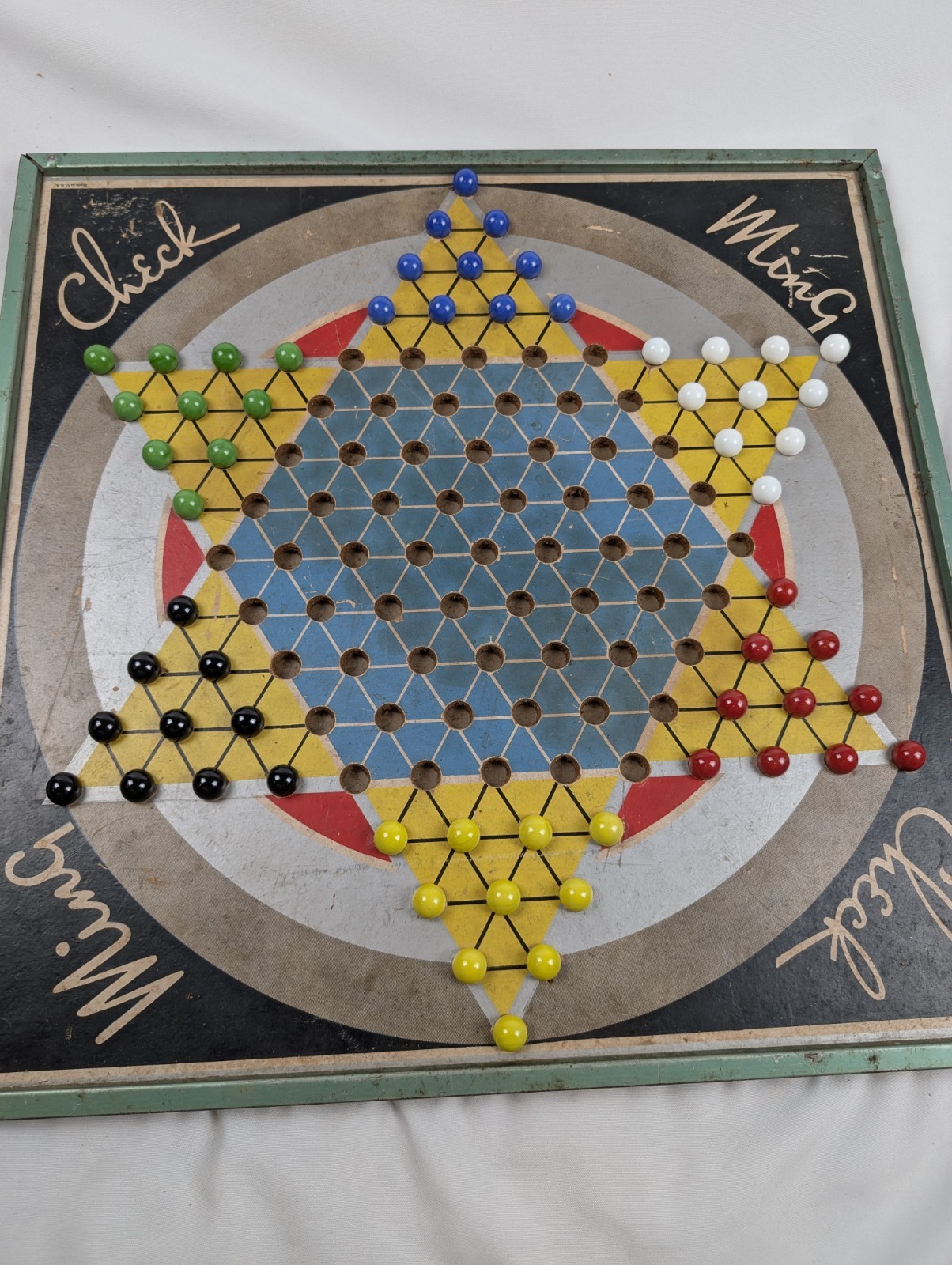 Vintage Chinese Checkers MING CHECK Board Game Reverses To Checkers Metal Frame