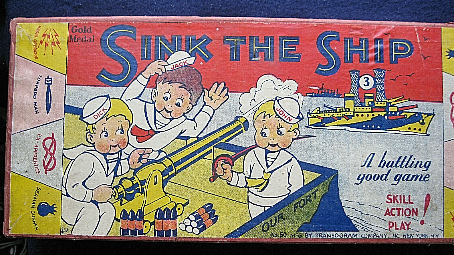 1942 “SINK THE SHIP” Transogram Battle Game w Box, 2 Wooden Cannons +++