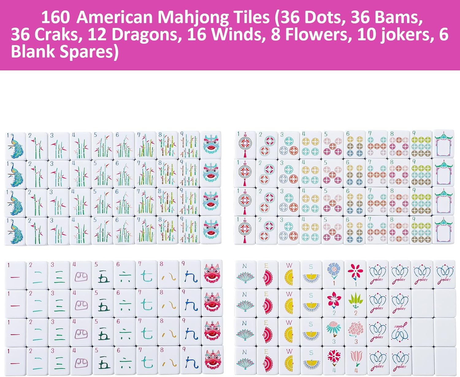 160 Pink American Printed Mahjong Game Set with Carrying Bag and Accessories, 1.