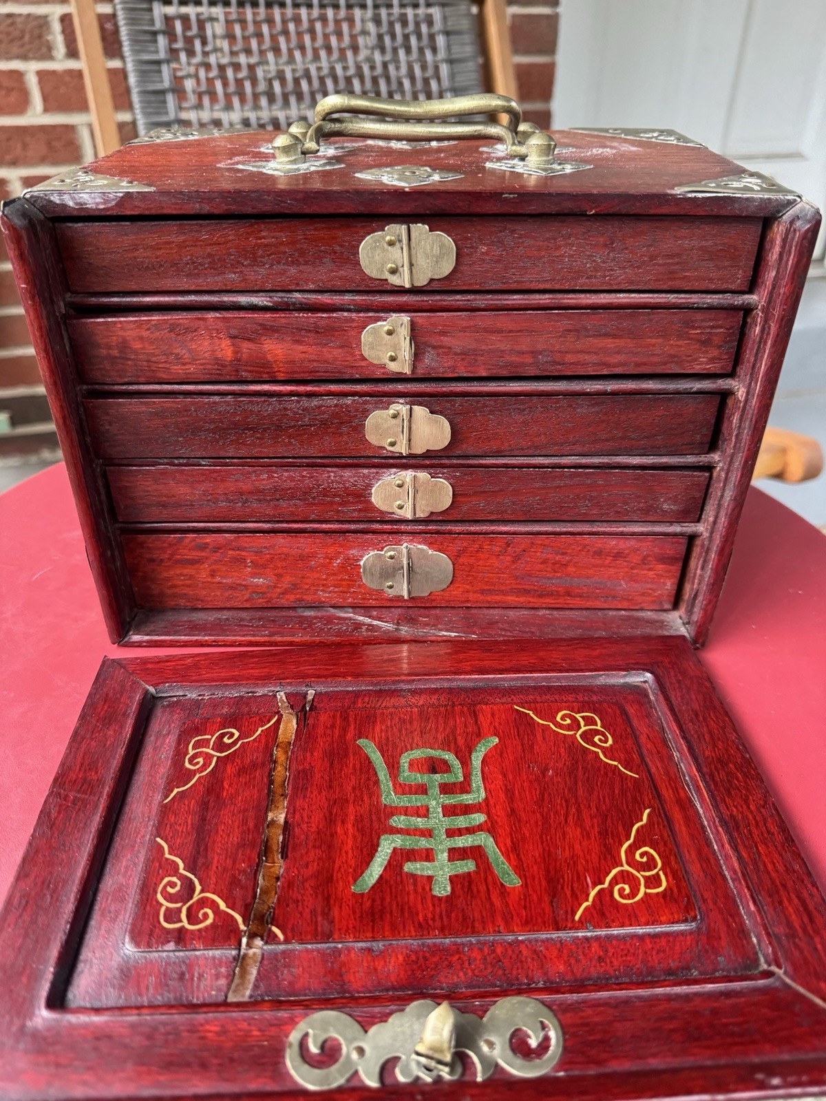 Antique Mahjong 5 Drawer Wood Box Set Bamboo Bone w/DICE/Tiles/Hand Colored