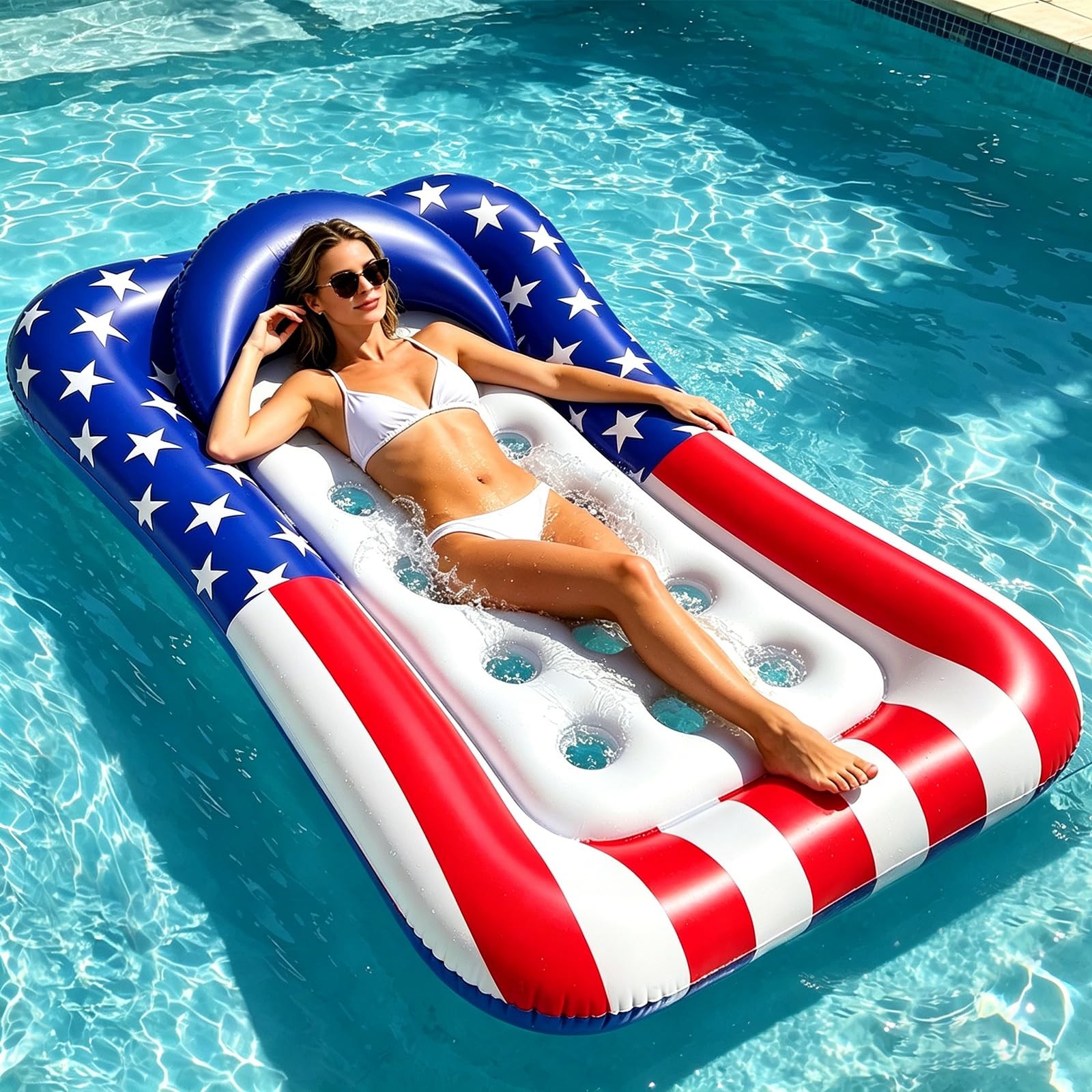 Pool Float 71 X 50 Patriotic American Flag Inflatable Lounger Backrest Floats