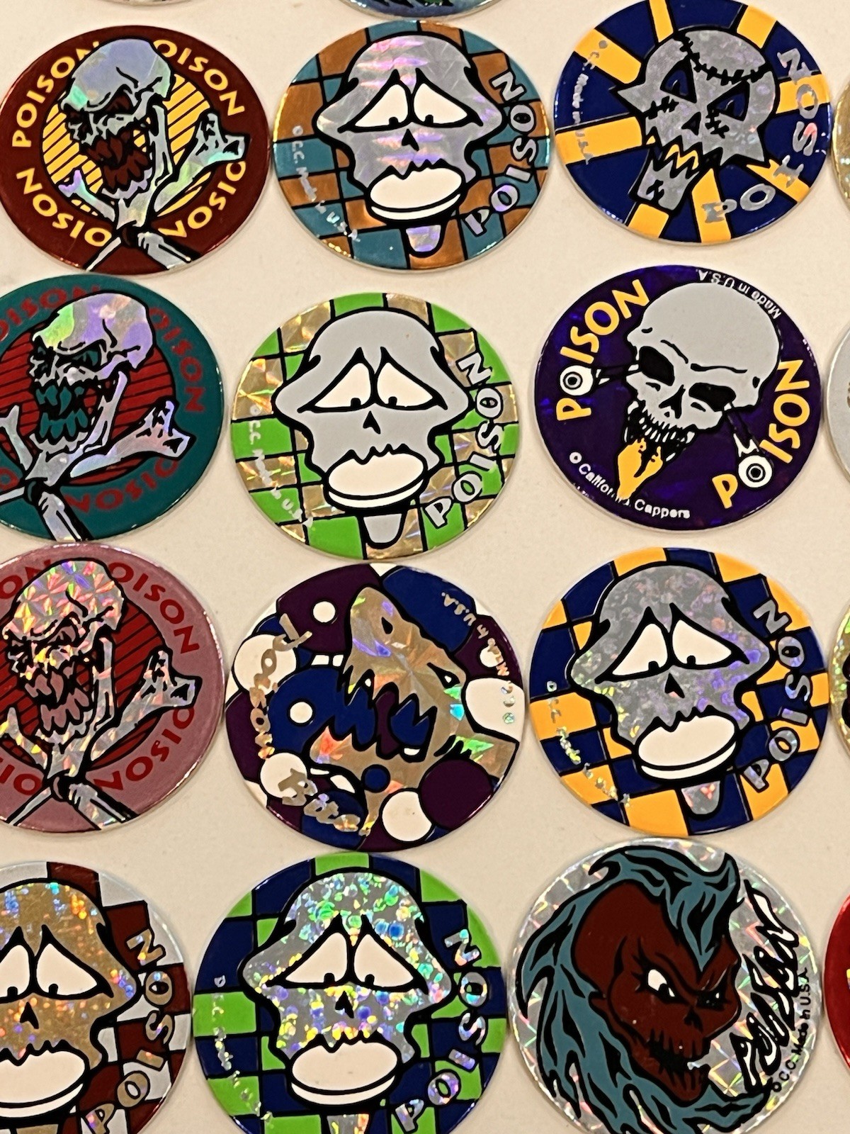1990s Lot of 30 POISON Skull Bones Pogs Slammer Holographic Milk Caps Lot Mint!