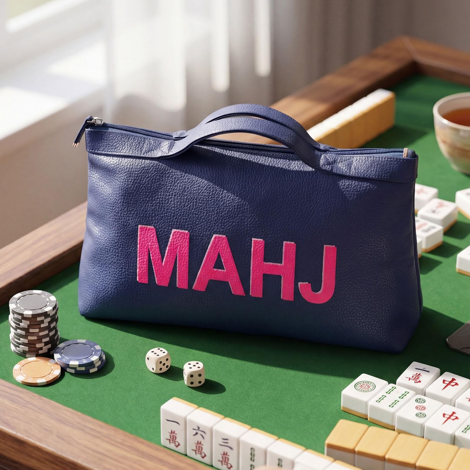 Leather Mahjong Tile Bag with Zipper Handle Lining Mahjong Storage Pouch for …