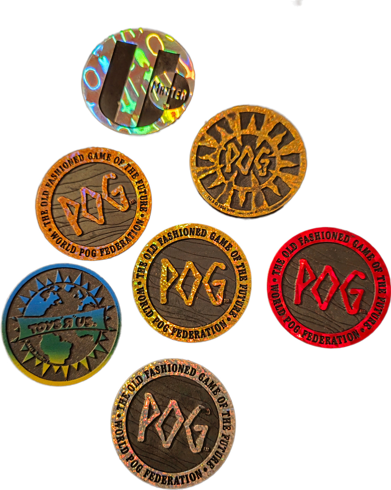 Vintage Pogs Slammer Lot 7 World POG Federation Heavy Plastic Toys R Us Promo VG