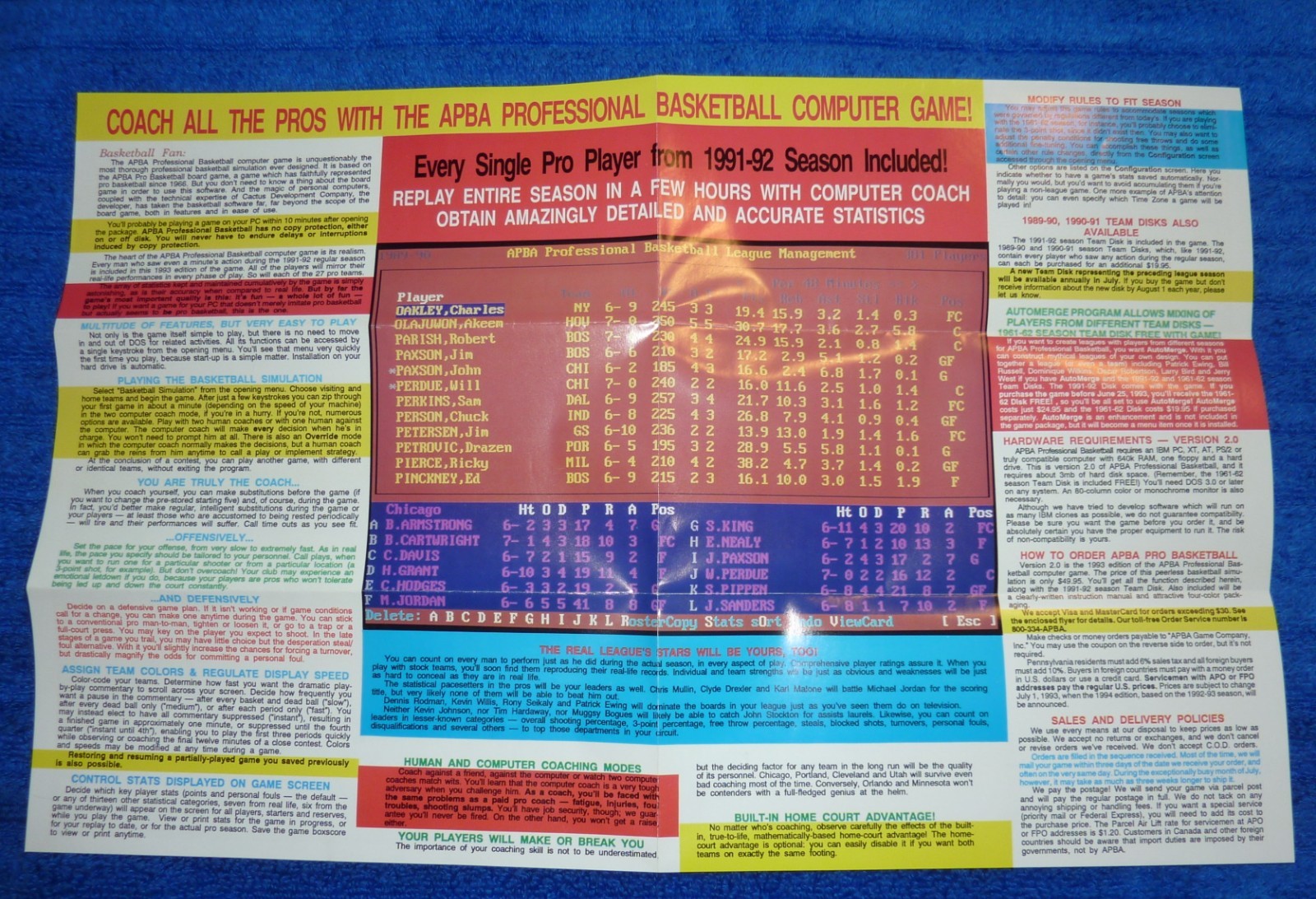 1993 APBA Pro Basketball Flyer For Game Based on 1991-92 Results Mint Condition