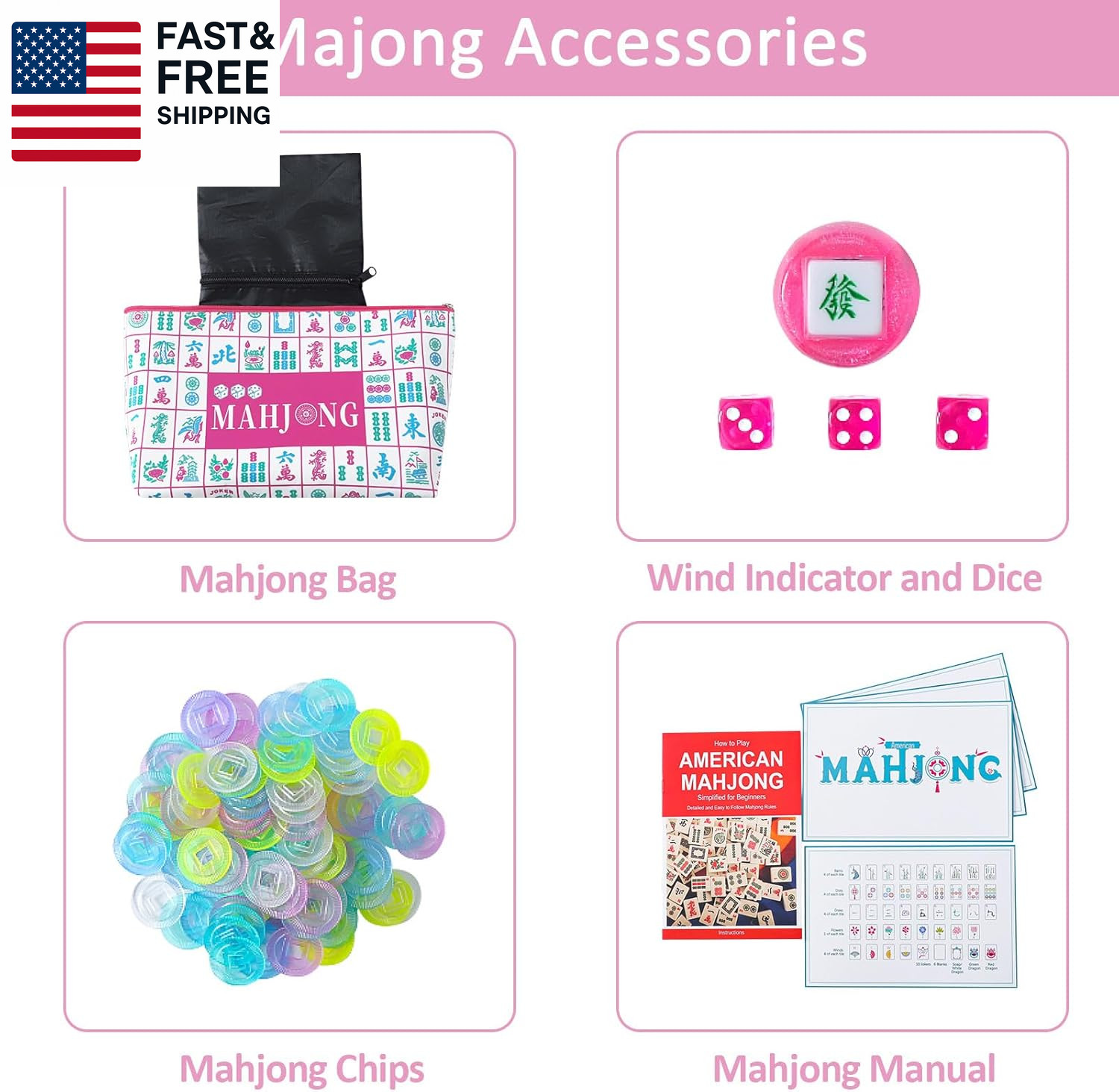 160 Pink American Printed Mahjong Game Set with Carrying Bag and Accessories