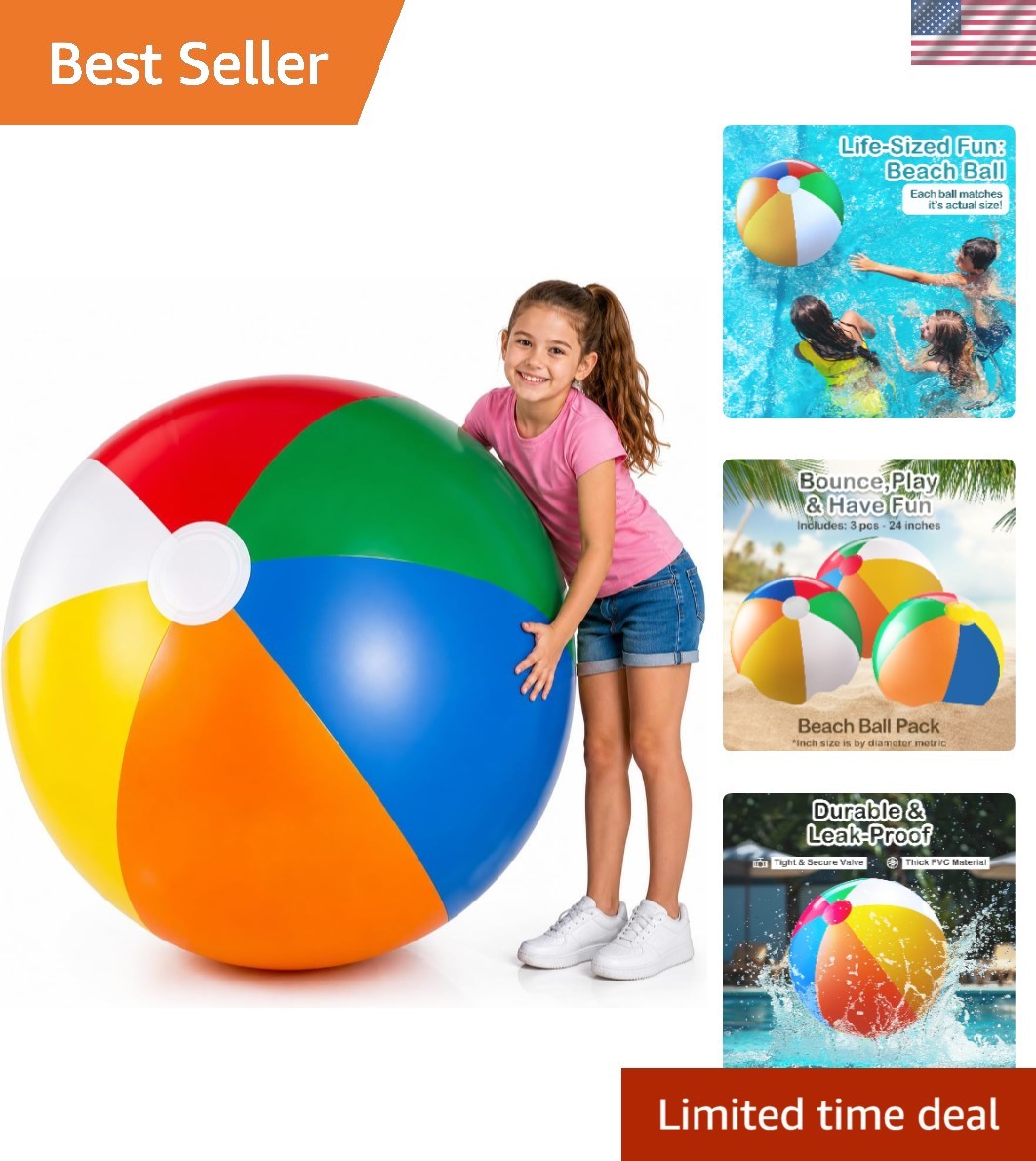 Giant Beach Ball 24 Inch Inflatable Pool Toy Pack of 3 Rainbow Balls