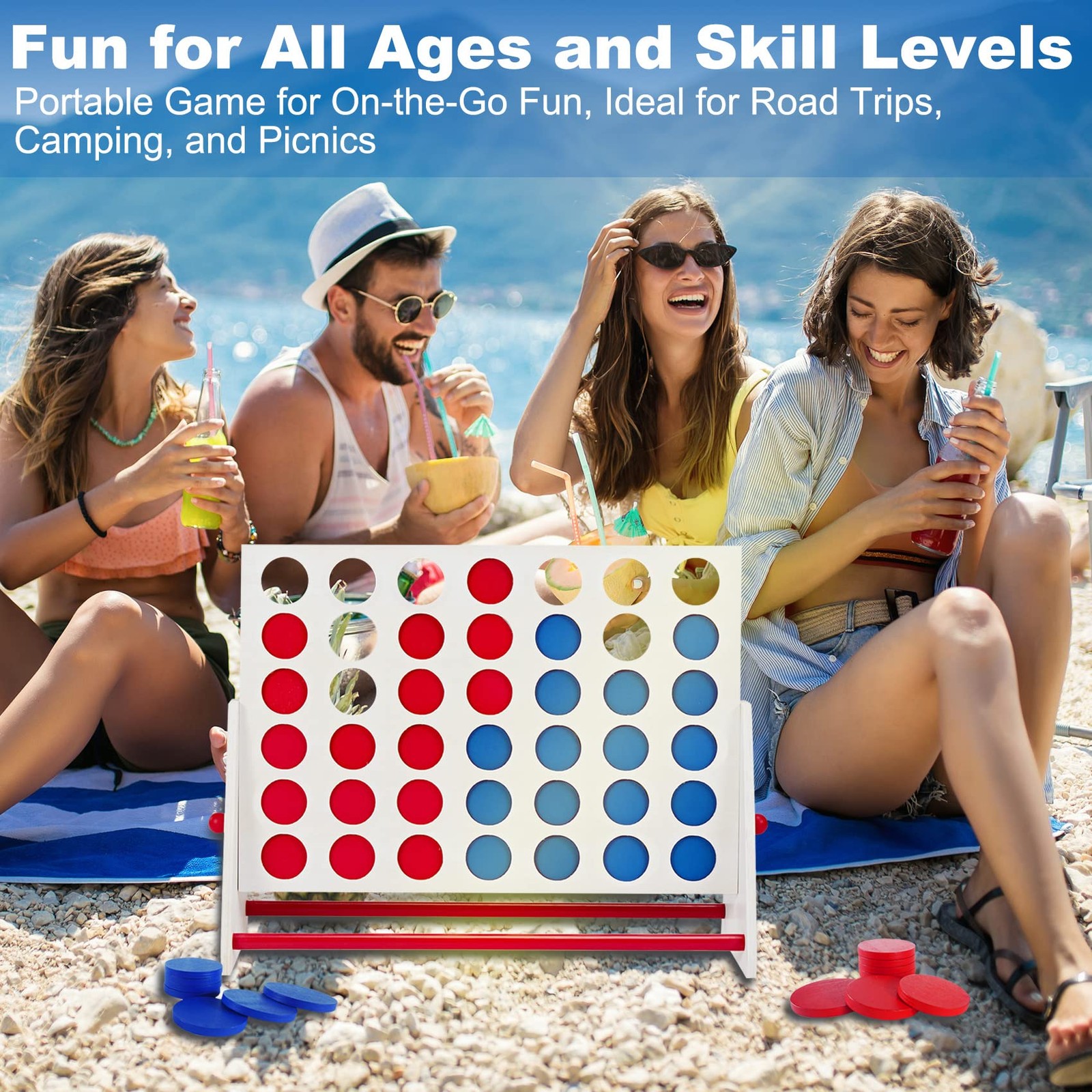 Portable Wooden 4 in a Row Game, Classic Wooden 4-to-Score Game Set with Coin…