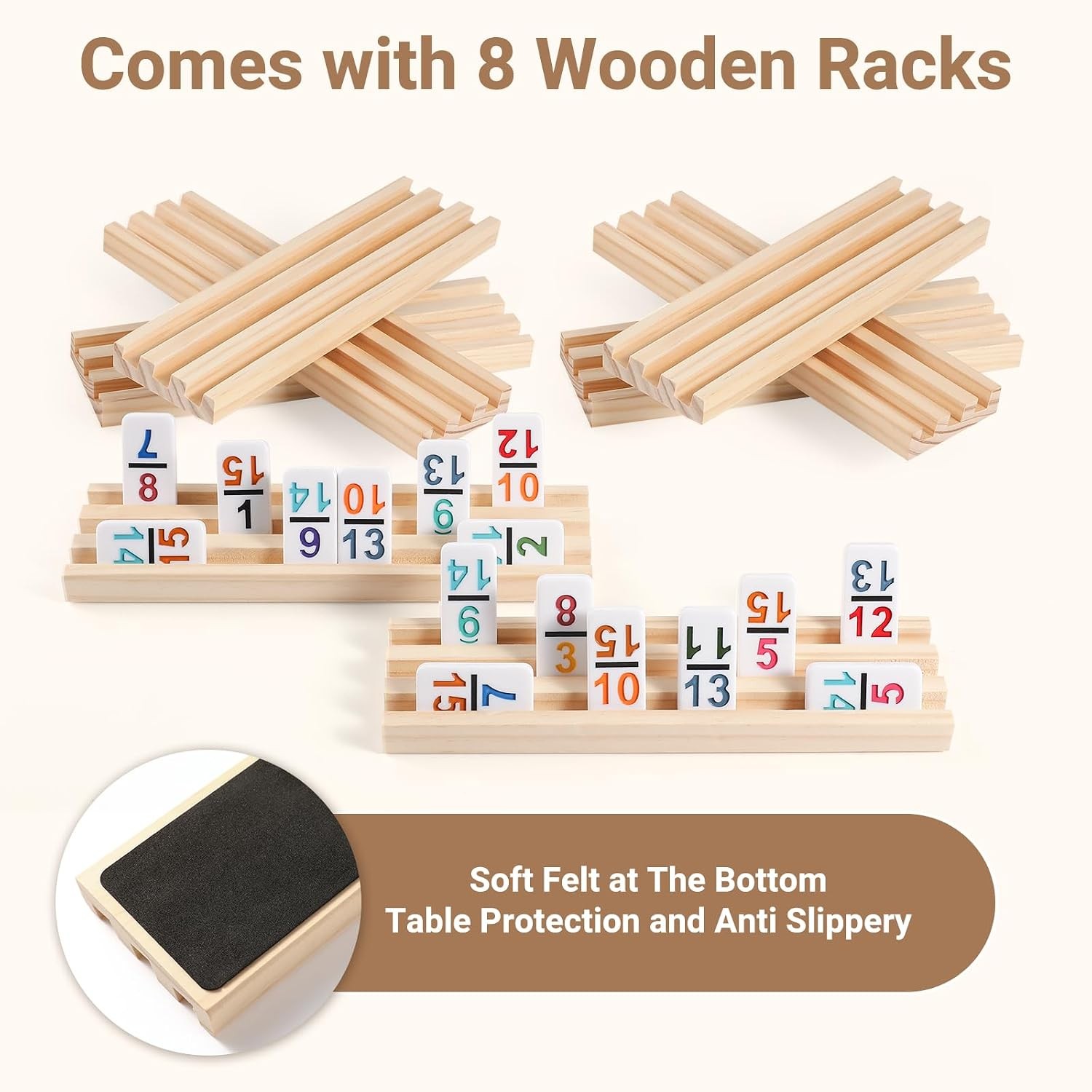 Mexican Train Dominoes Set with Numbers and 8 Wooden Tray/Racks Double 15Dominos