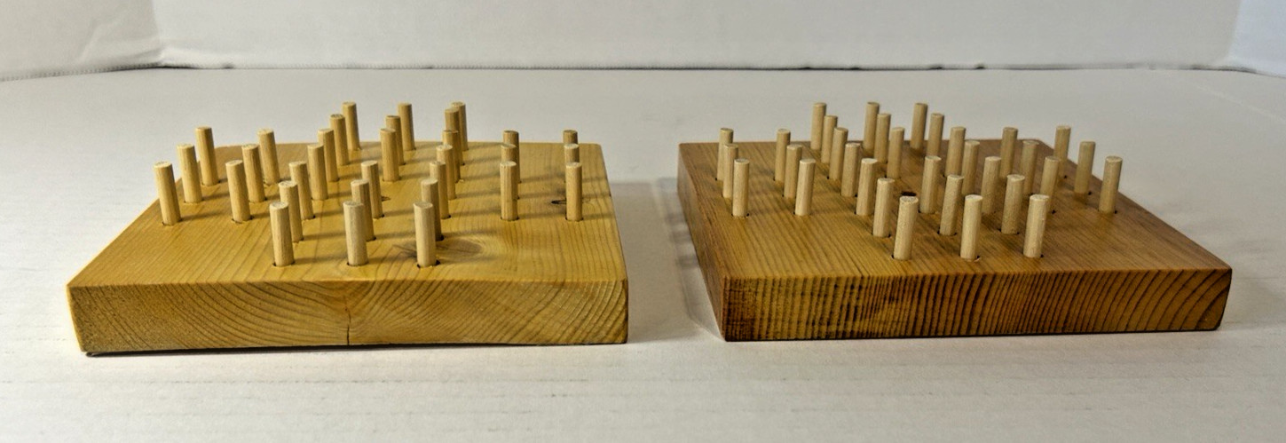 2 Vintage Handmade Wooden Peg Game Boards and 64 Wooden Pegs