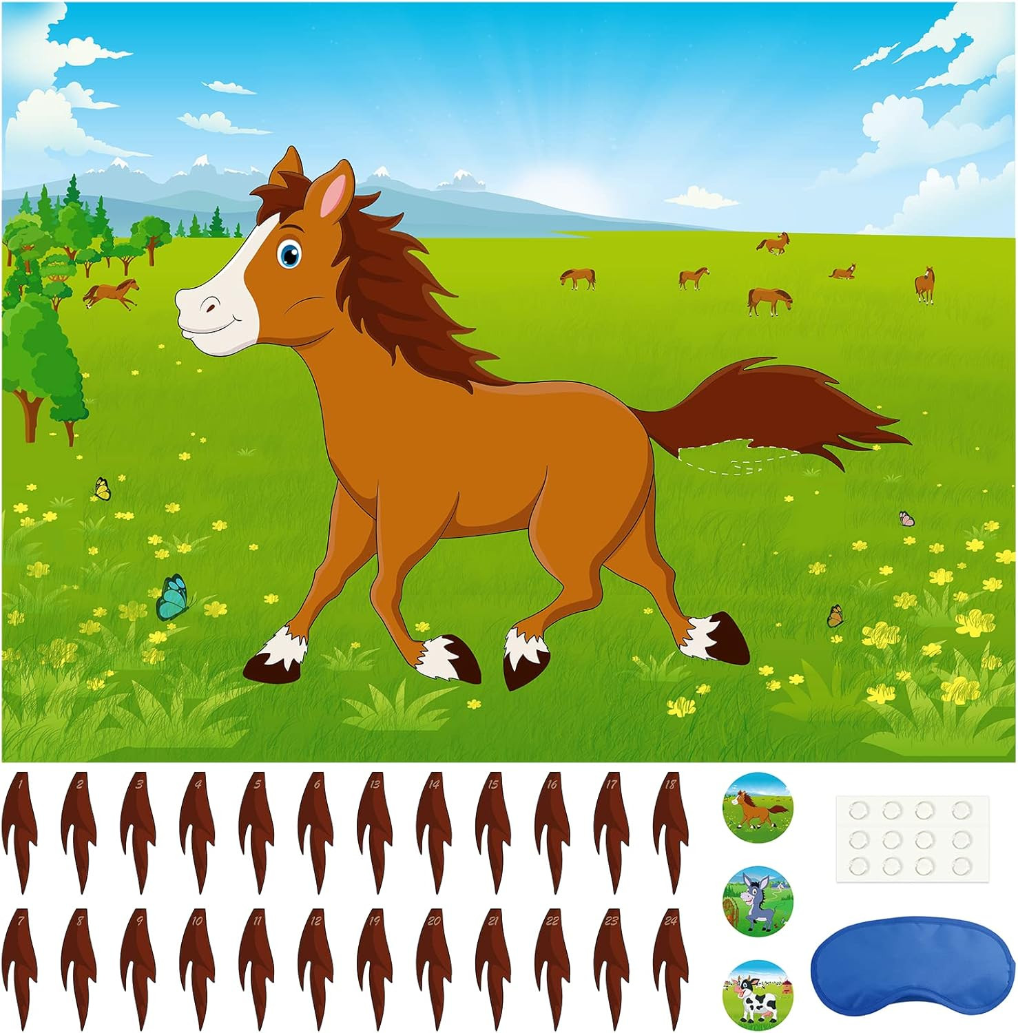Pin The Tail on The Horse Birthday Game with 48pcs Tails for Kids Farm Birthd…